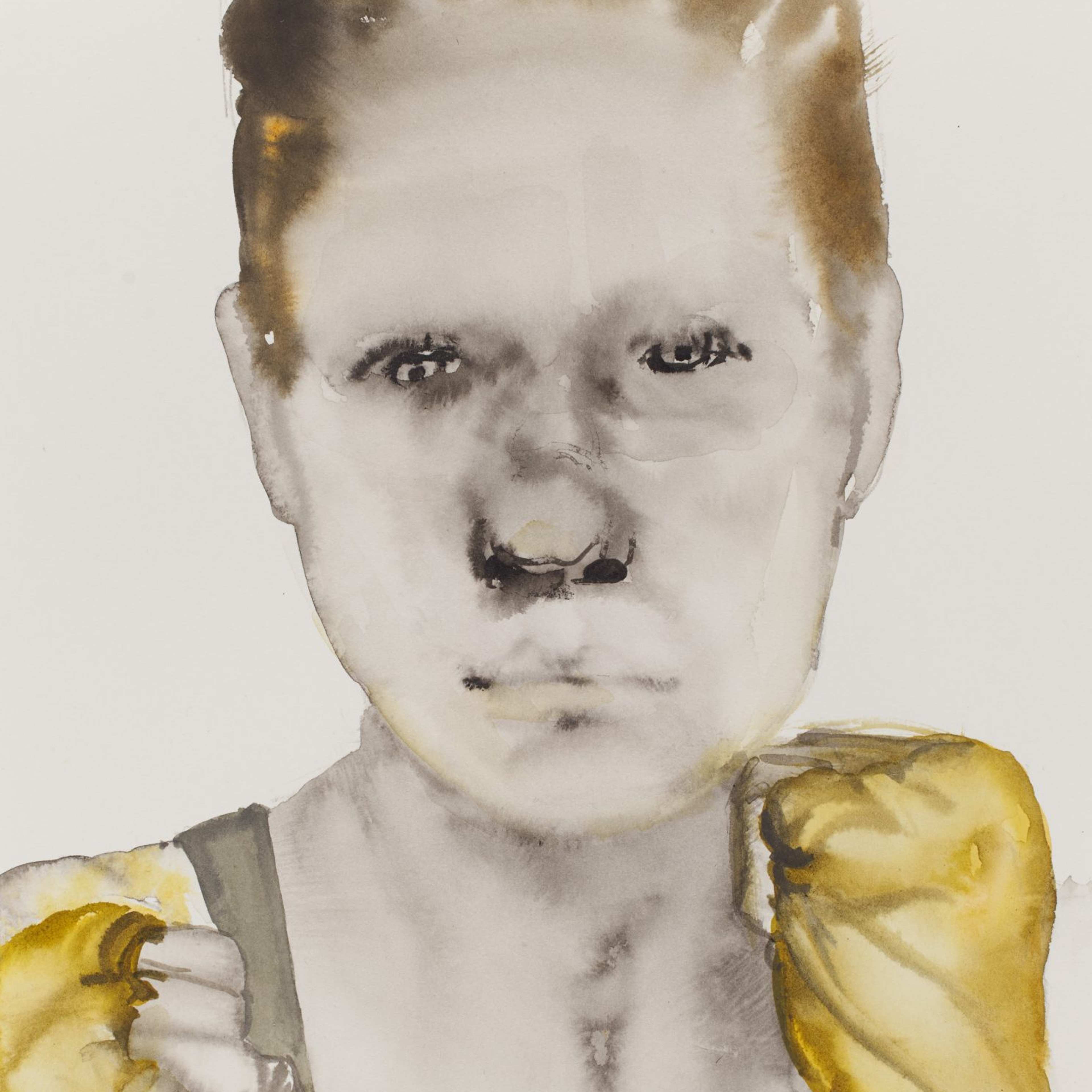 A watercolour portrait of a person holding hands in fingerless gloves close to their face in a boxing position and their nose bruised