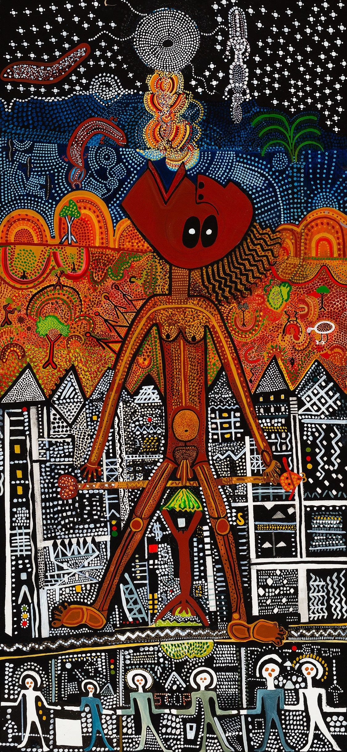 Colorful Aboriginal-style artwork featuring a large central figure with a red head and intricate dotted patterns, surrounded by abstract landscapes, stars, animals, geometric shapes, and smaller human-like figures below.