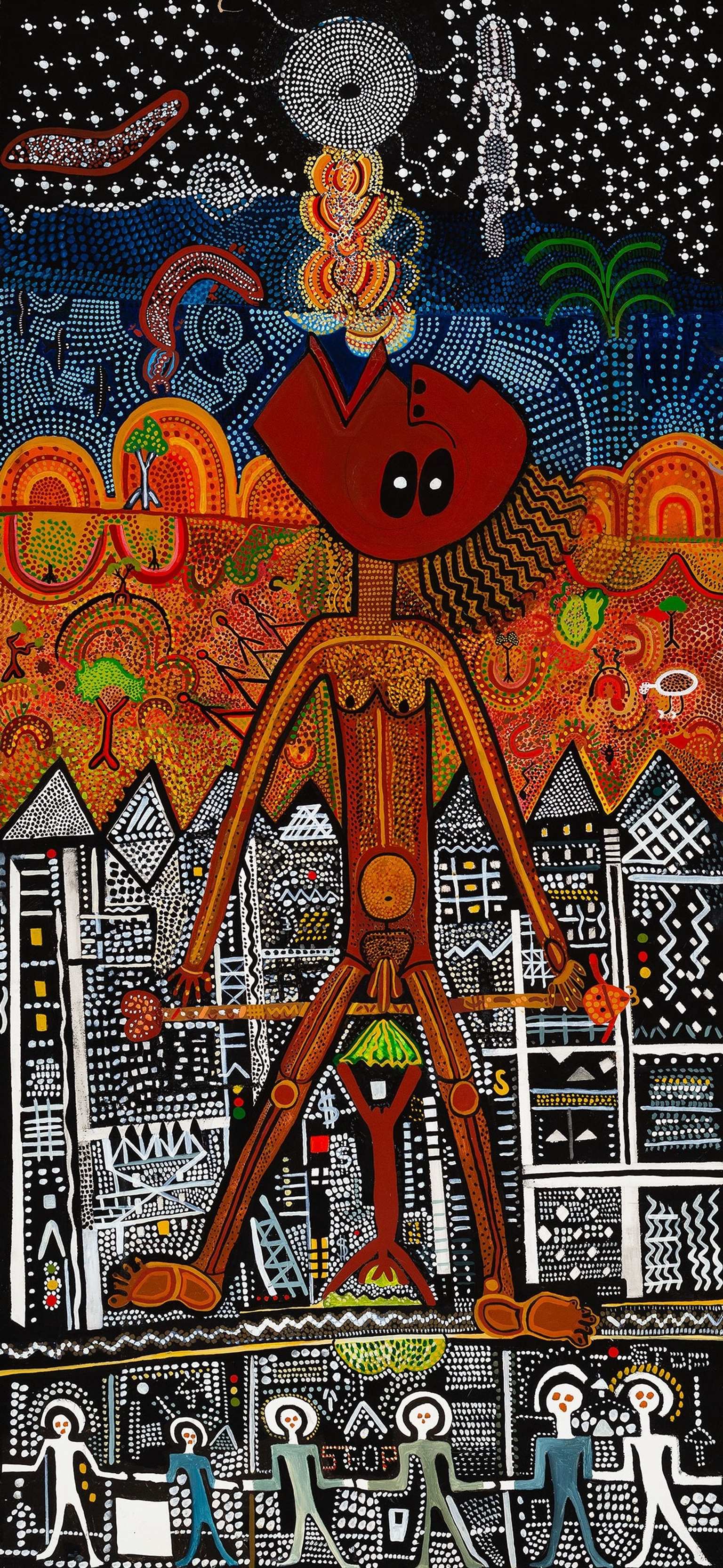 Colorful Aboriginal-style artwork featuring a large central figure with a red head and intricate dotted patterns, surrounded by abstract landscapes, stars, animals, geometric shapes, and smaller human-like figures below.