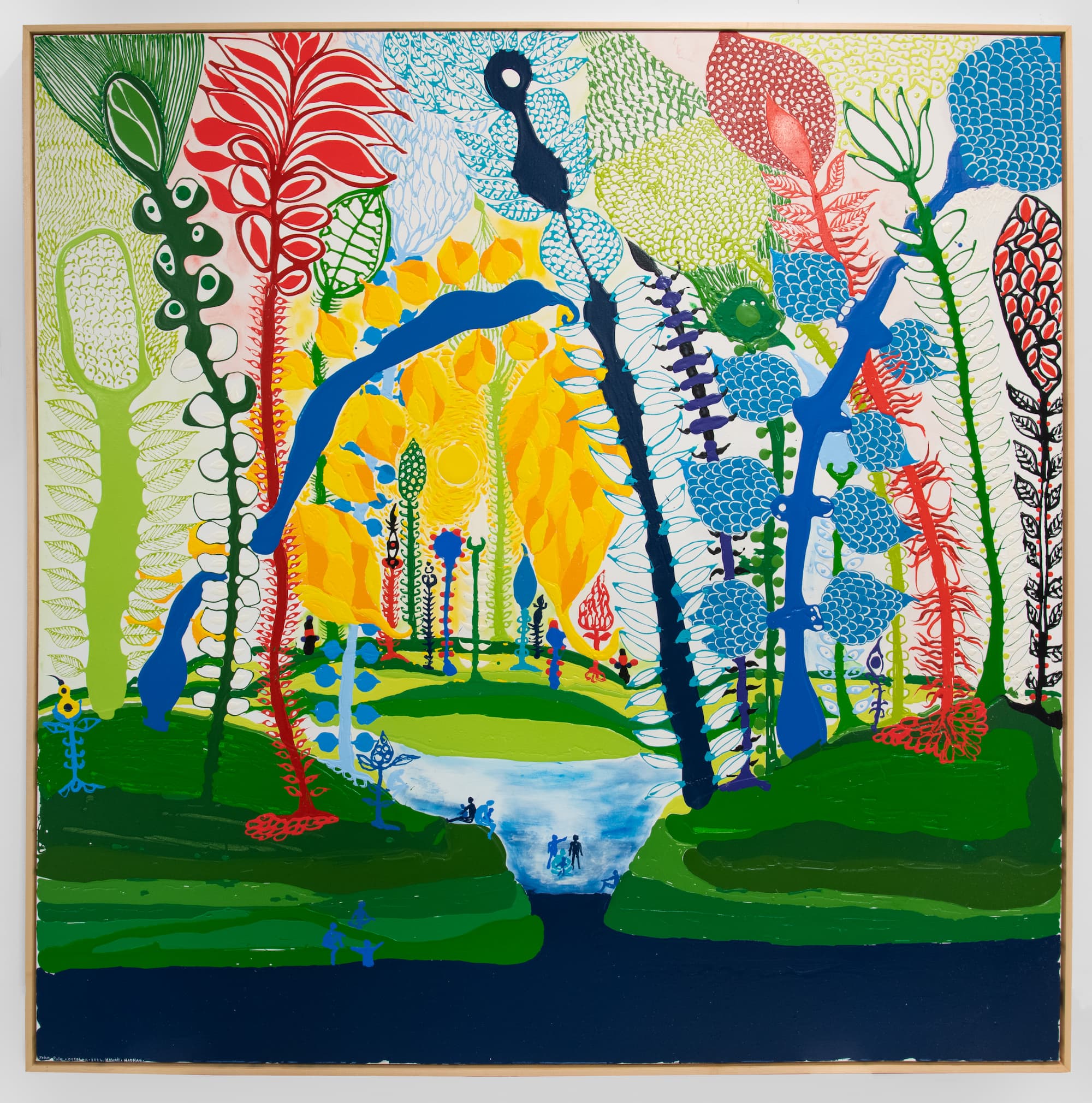 A vibrant, abstract painting of a fantastical forest with tall, colourful, patterned plants and trees surrounding a blue pond, with small human figures near the water, creating a whimsical, dreamlike scene.