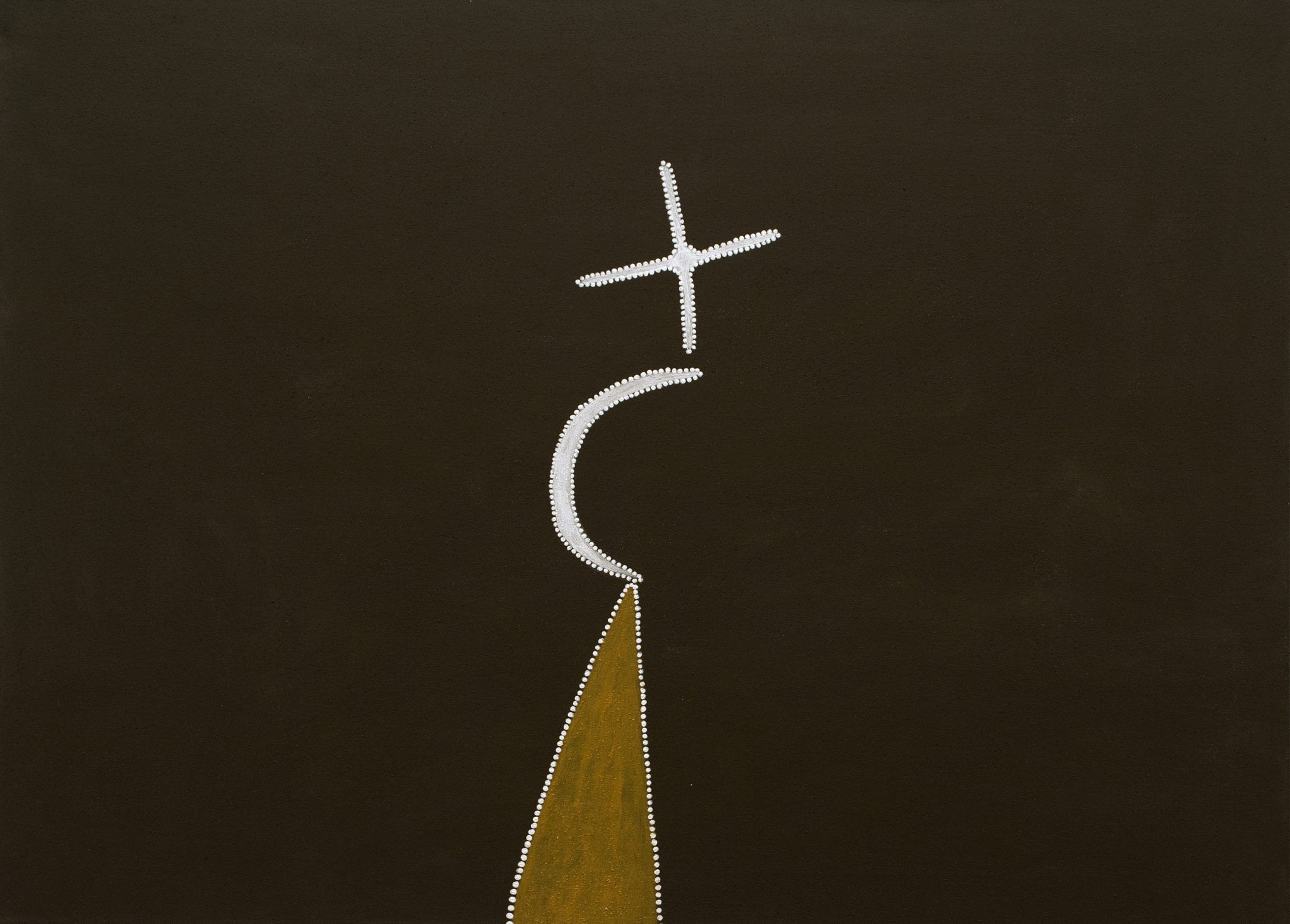 A painting featuring a triangle, a crescent and an X-shape stacked on top of each other