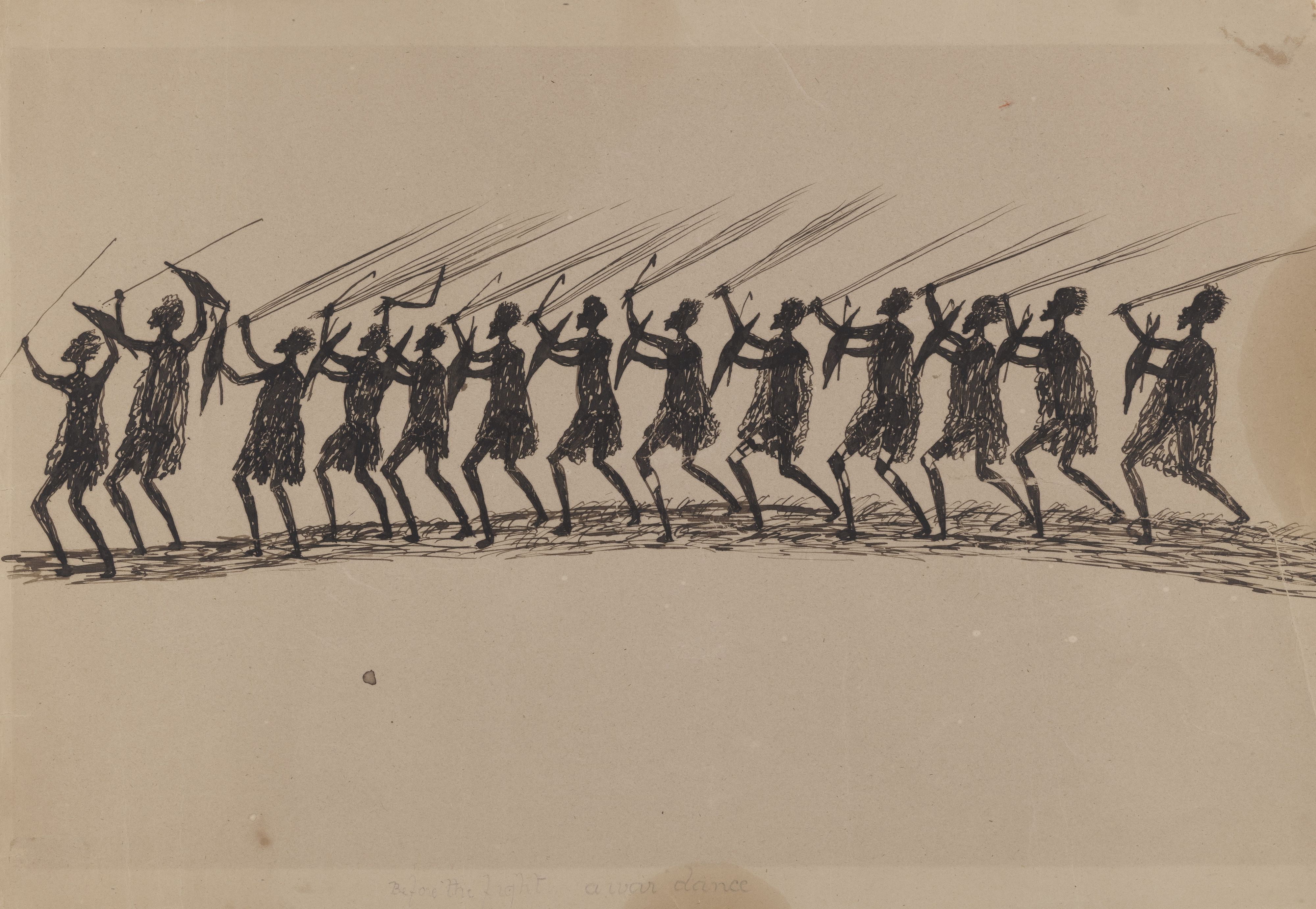 A line of eleven silhouetted figures in tribal attire dance with raised arms, holding sticks or spears, on a beige background. The black, sketchy lines give an impression of movement and rhythm.