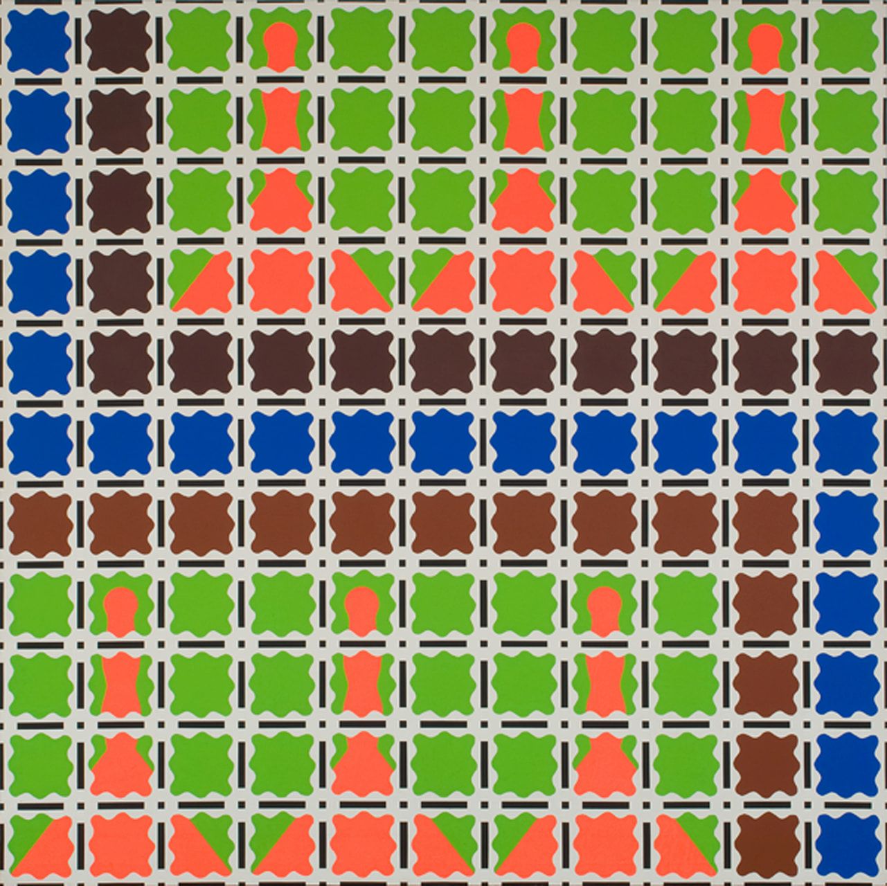 Abstract geometric painting with a grid of squares and brown. green, navy and pink shapes