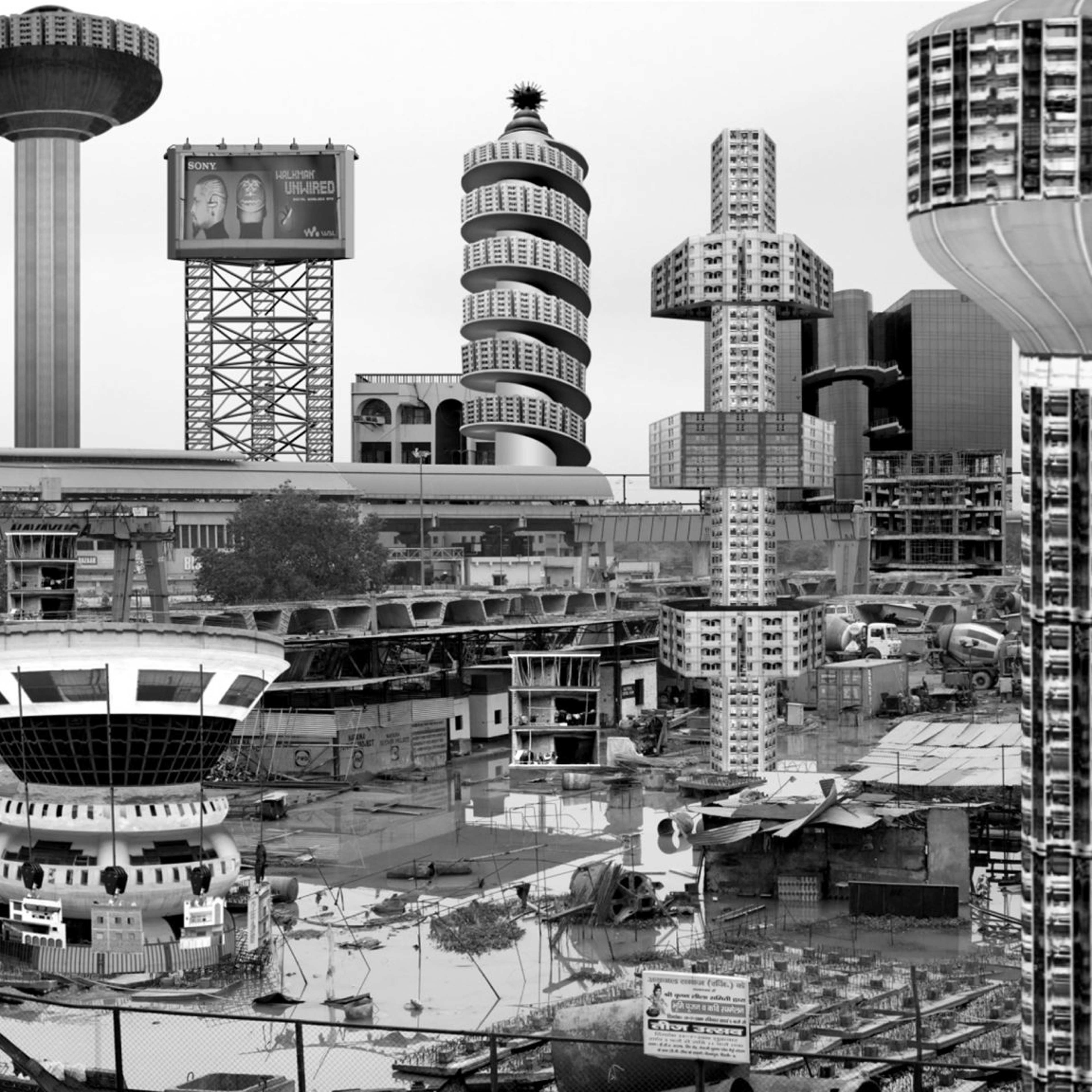 A black-and-white cityscape of unusually shaped towers