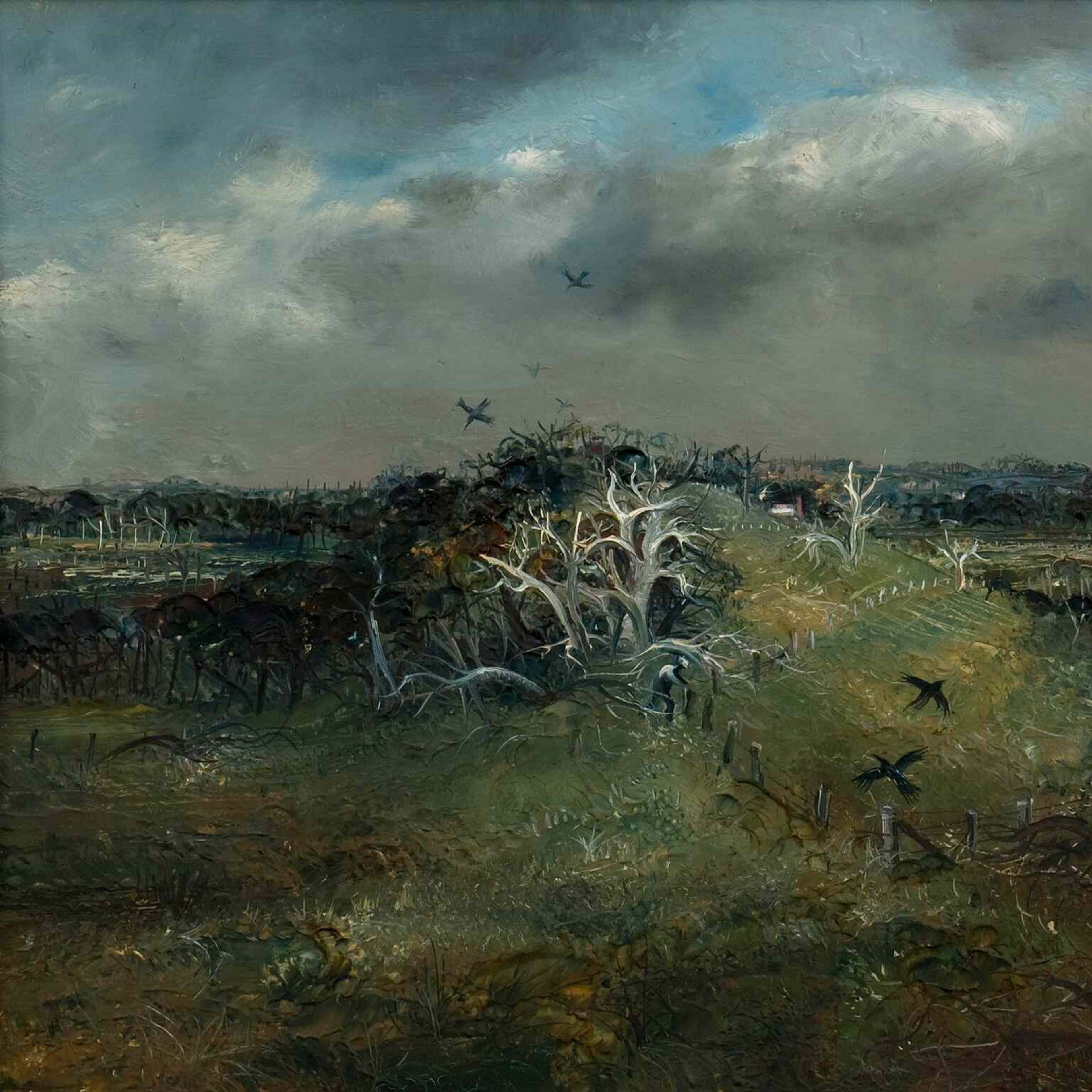 A landscape painting of green hills with dead trees under moody clouds