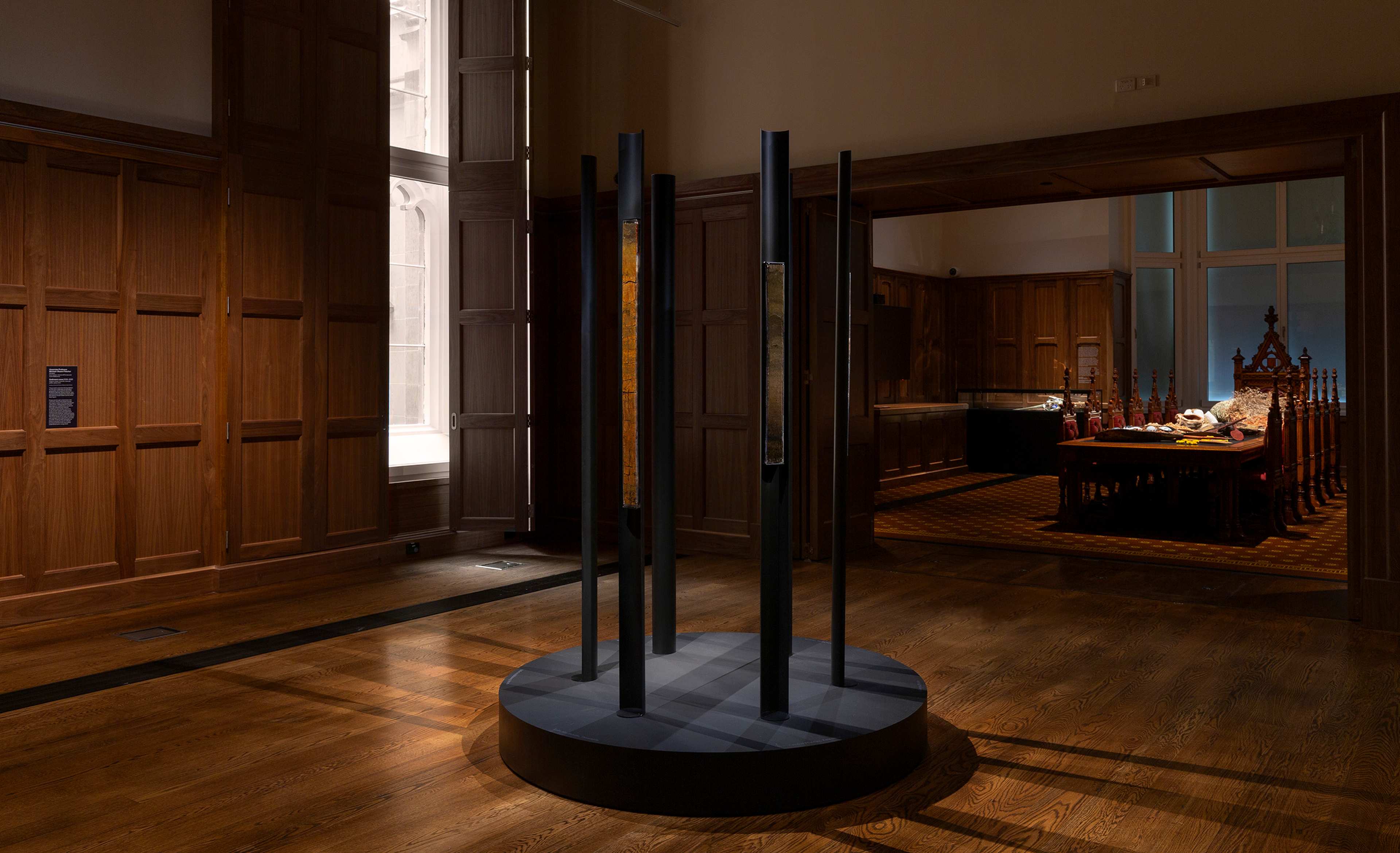 A dimly lit room features a circular black platform with tall, vertical black poles. In the background, a table set for dining is visible through an open doorway, with wooden panel walls and large windows.
