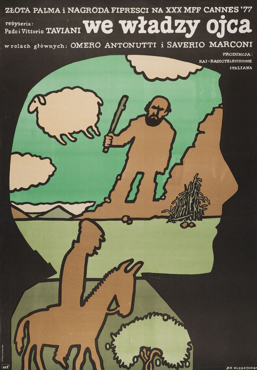 A poster with a cut-out silhouette filled with the drawing featuring two men, on holding up a stick and another riding a donkey, surrounded by sheep.