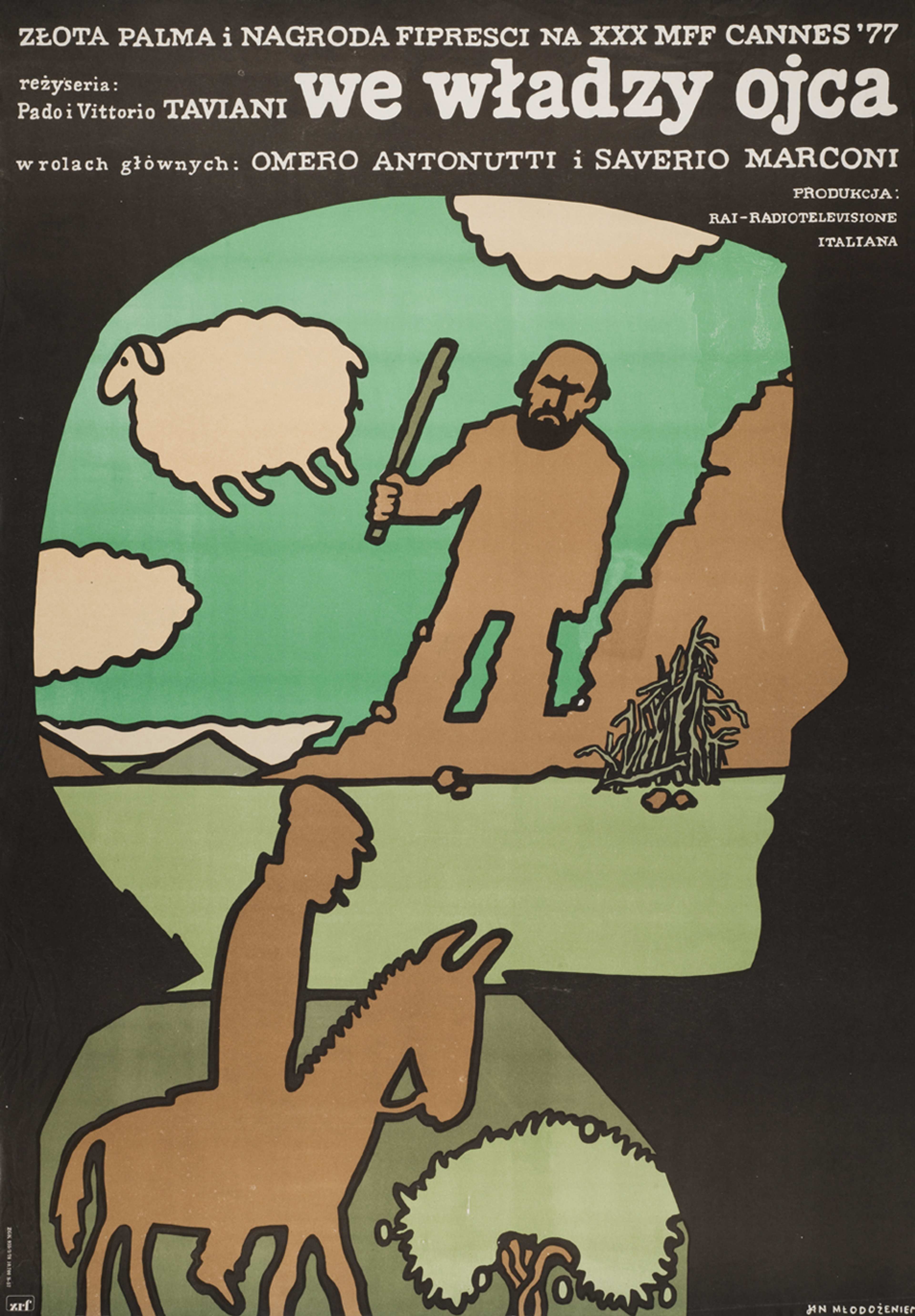 A poster with a cut-out silhouette filled with the drawing featuring two men, on holding up a stick and another riding a donkey, surrounded by sheep.