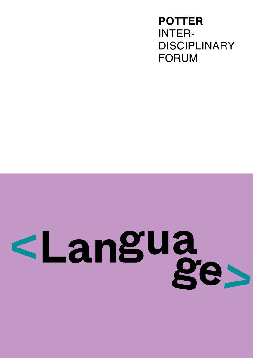 A purple card with the word Language and a white card with Potter Interdisciplinary Forum