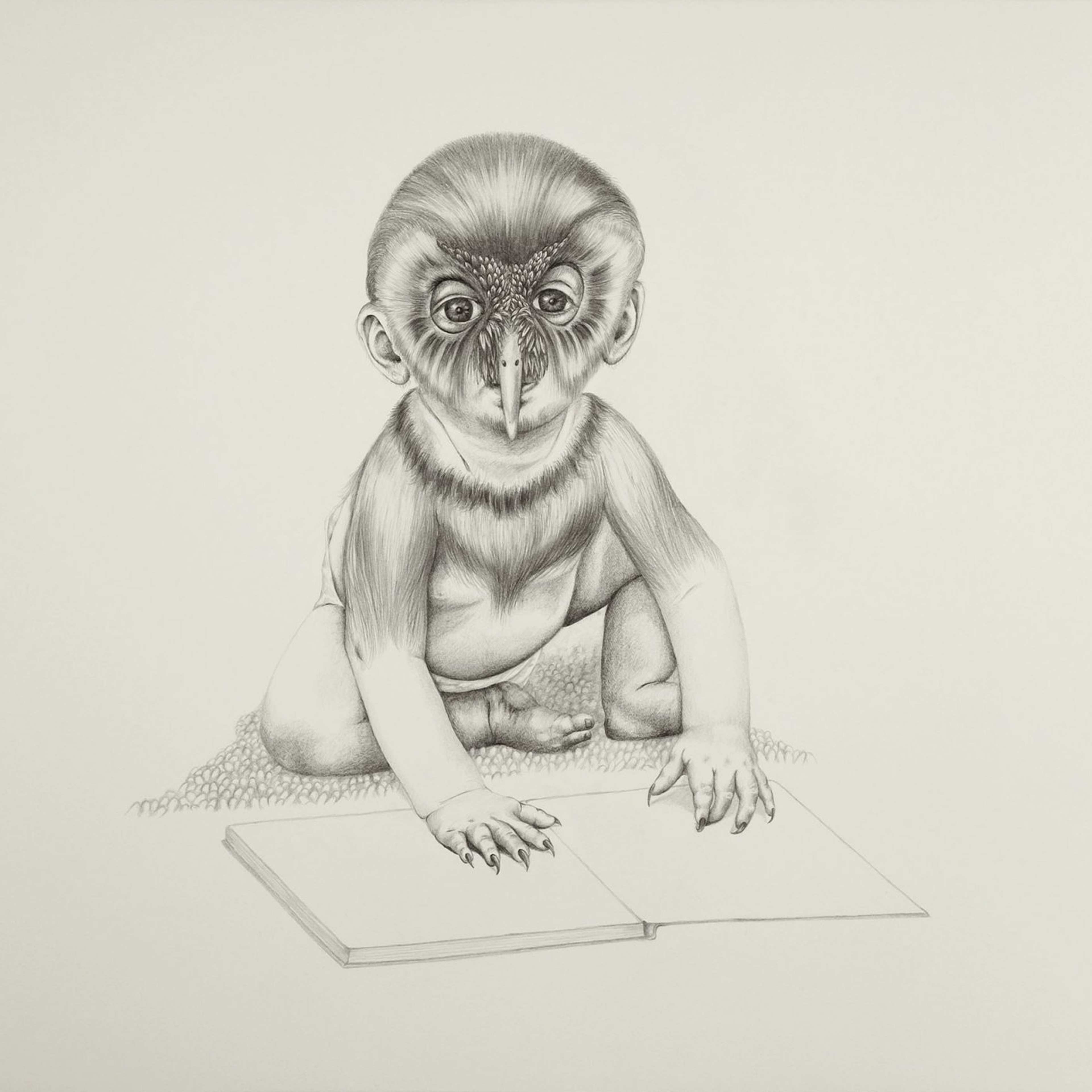 A drawing of a toddler with a semi-human semi-owl head and feathers over the upper torso leaning over a book