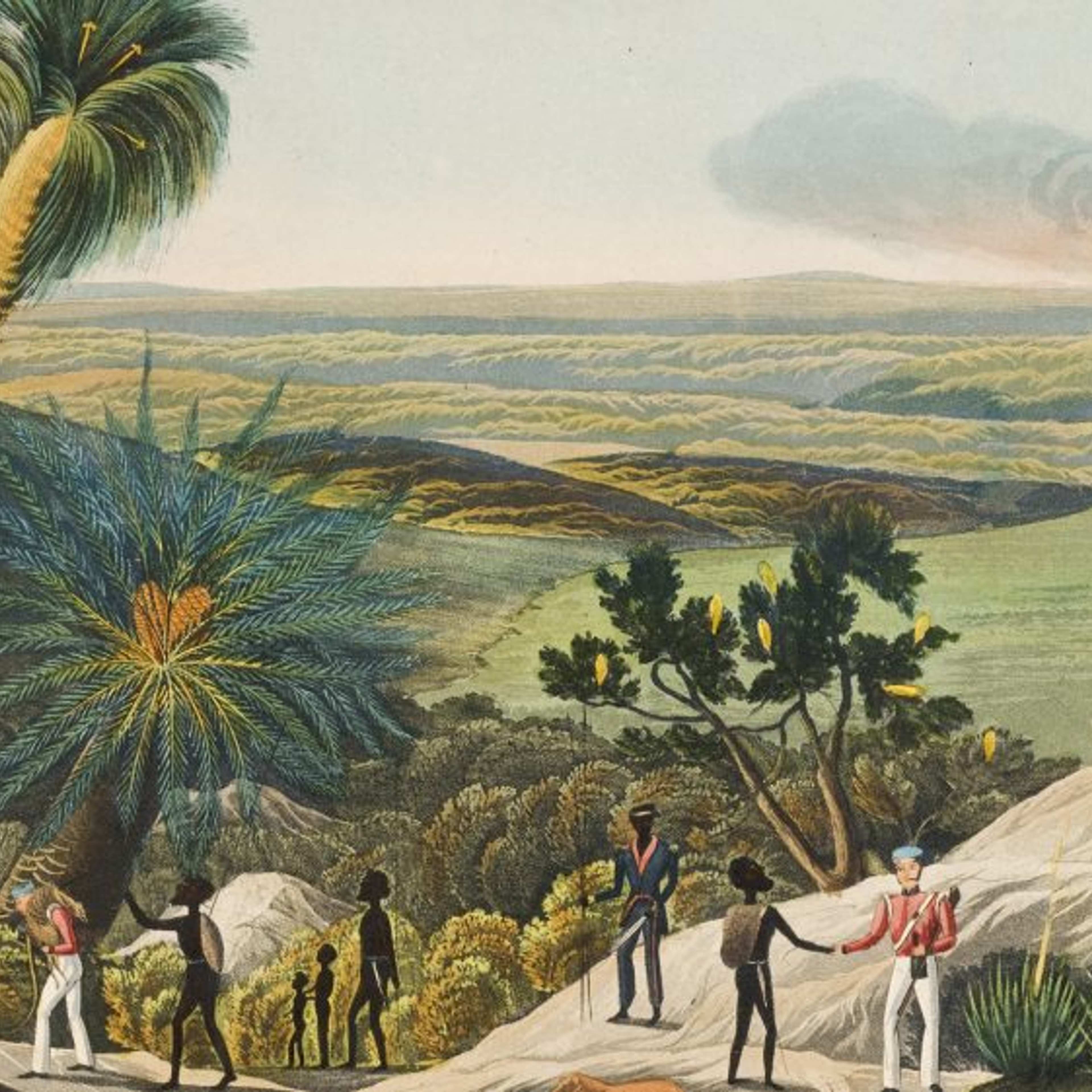 A drawing of a landscape with Aboriginal people and people in colonial military dress