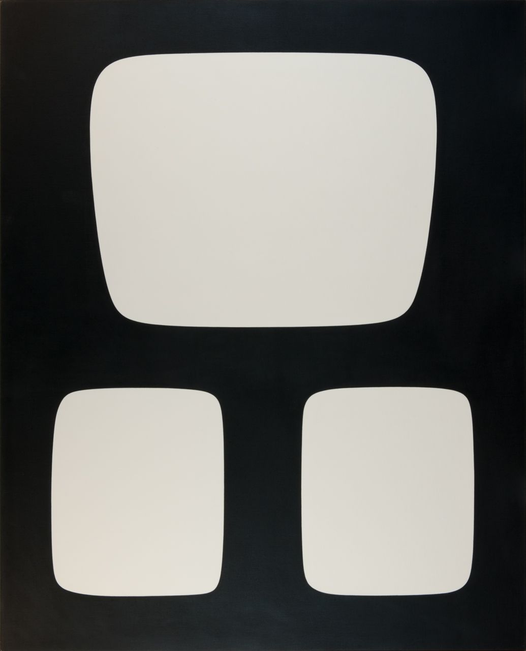 An abstract painting featuring three white rectangular shapes with rounded corners floating against the black background