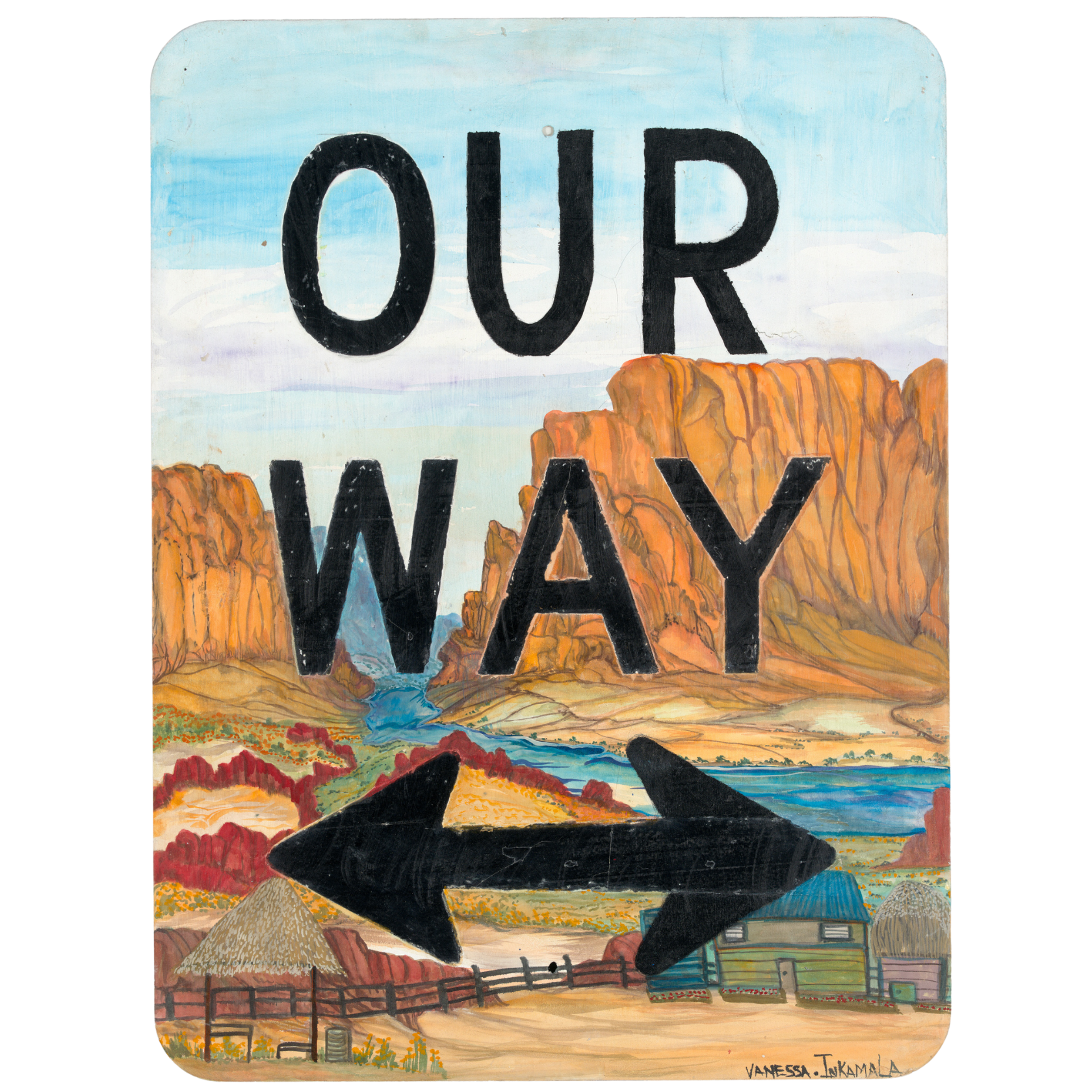 A painted scene of a river moving through a mountain scape and toward a rural setting overlaid by text reading Our Way