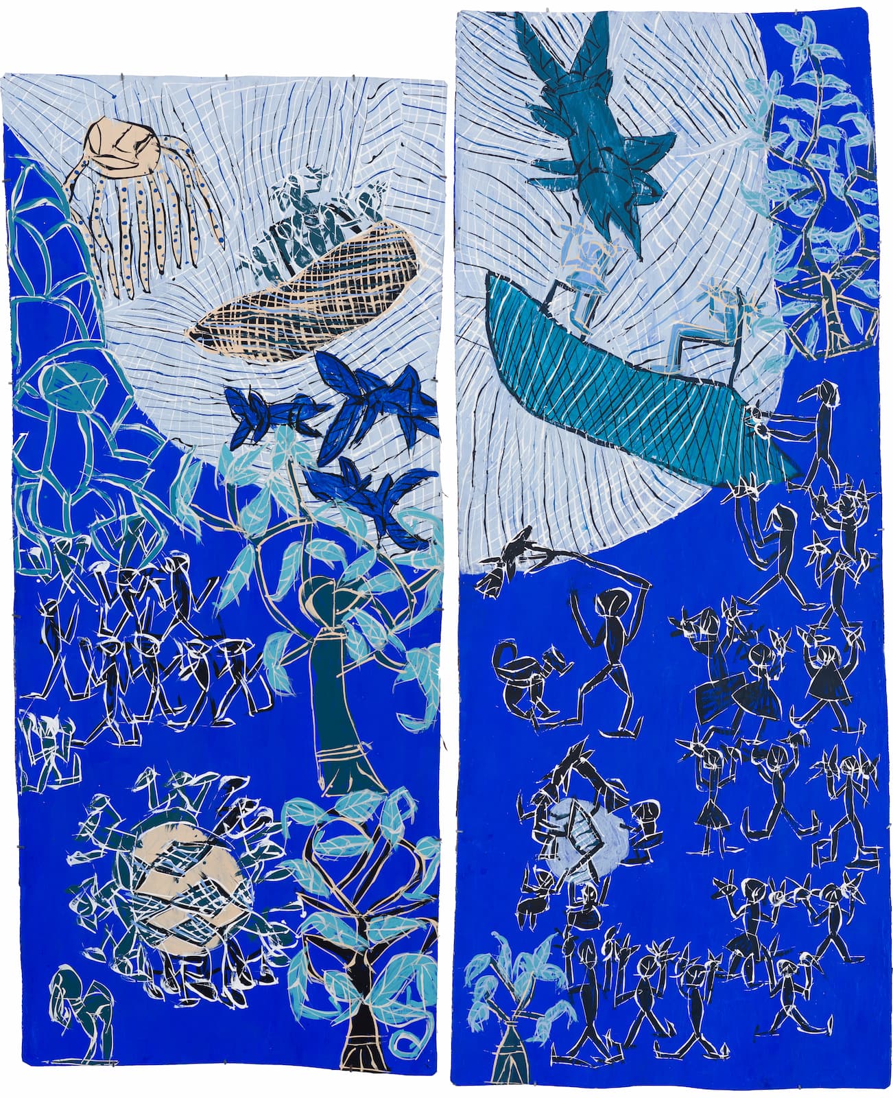 Two-panel abstract artwork depicting figures dancing and playing instruments amidst nature-inspired motifs. A hand reaches from above to a boat on water, with varied shapes and patterns in vibrant blue and white hues enhancing the scene.