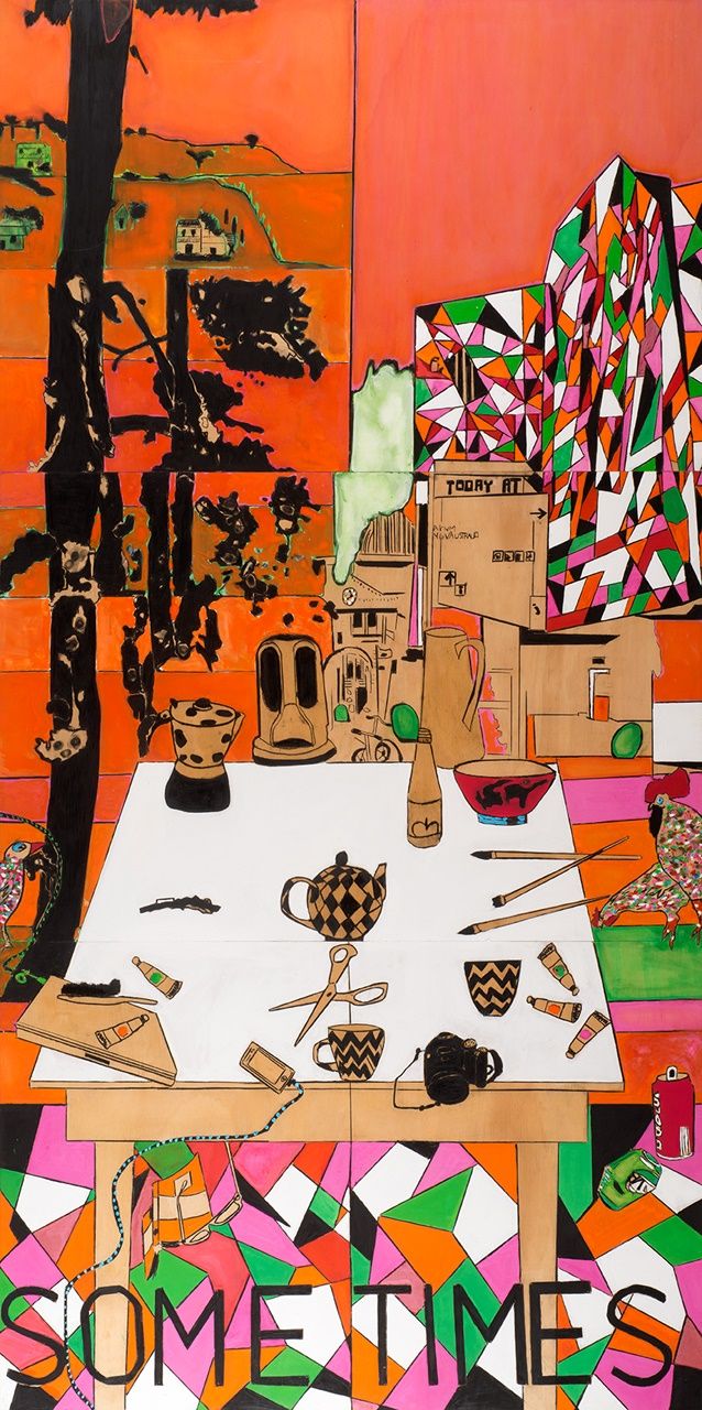 A colorful, abstract painting shows a table with pottery, paint tubes, and brushes. Geometric patterns cover the floor and wall. In the background, trees and hills appear. The word SOMETIMES is written at the bottom of the image.