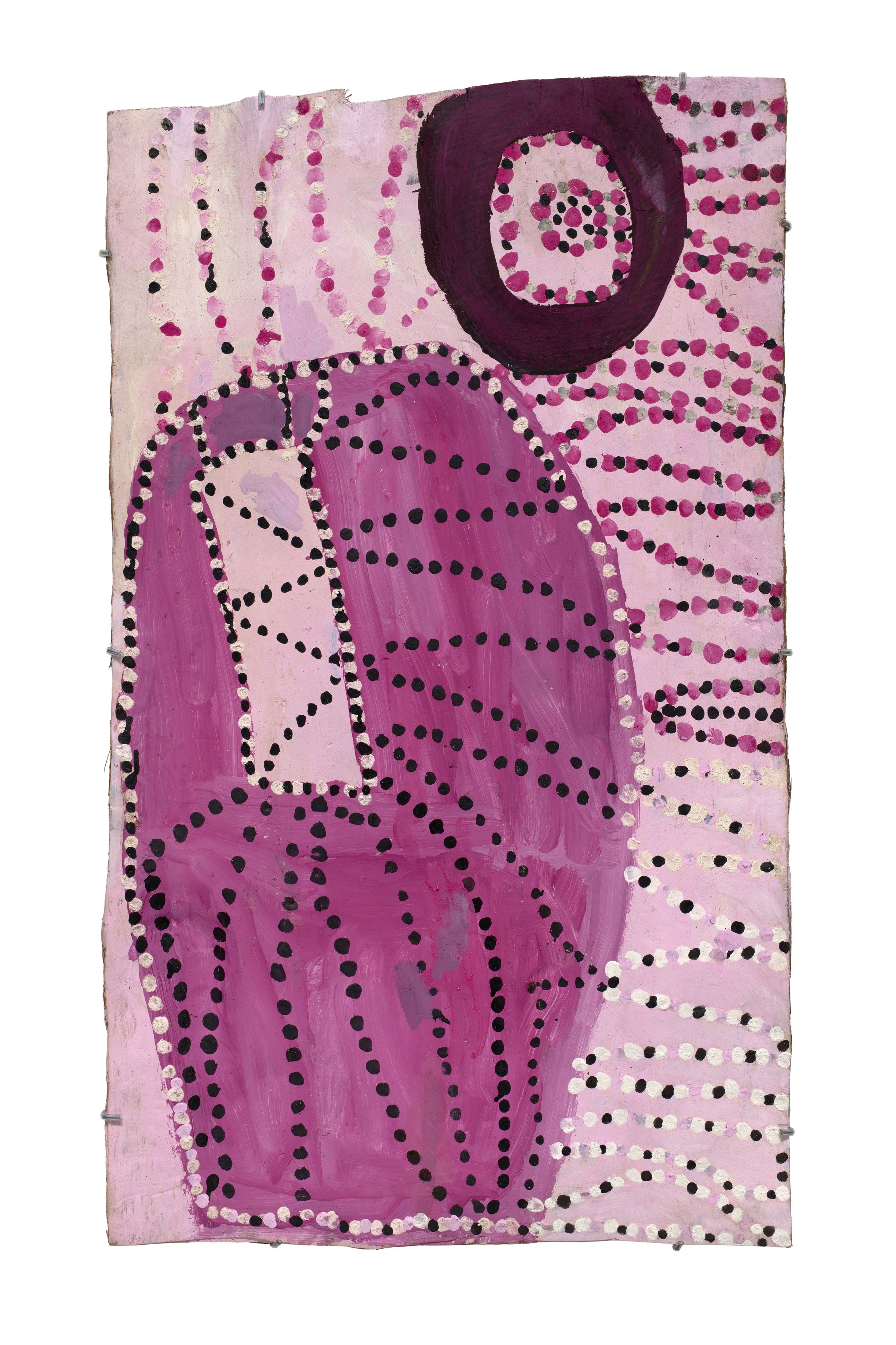 Earth and fuchsia coloured painting on stringybark. Abstract artwork featuring a large, irregular purple shape with black dot patterns, a circular maroon motif at the top right, and lines of colourful dots on a light pink background.