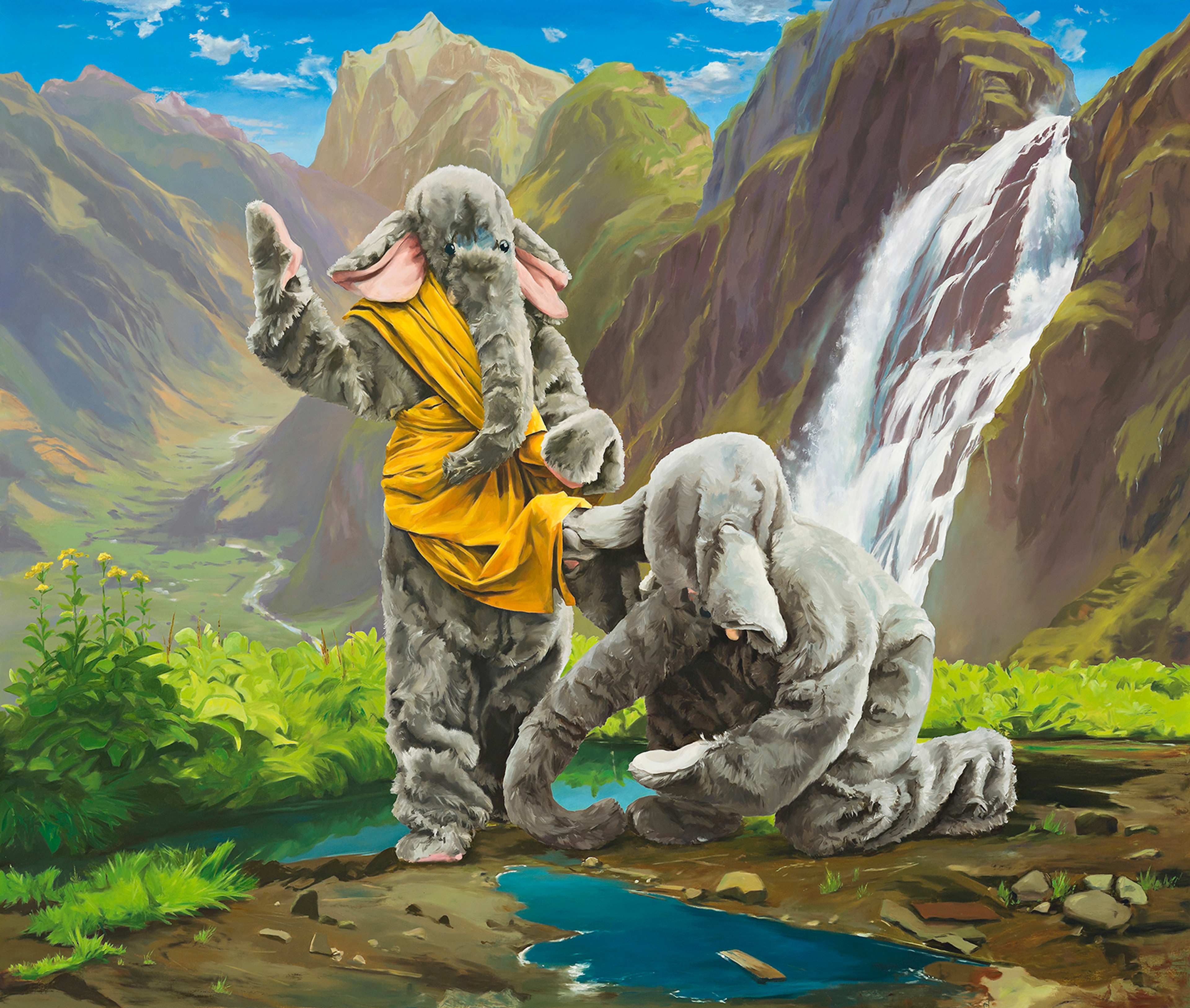 A painting of two figures in elephant suits, one kneeling, in the mountains with a waterfall seen in the distance