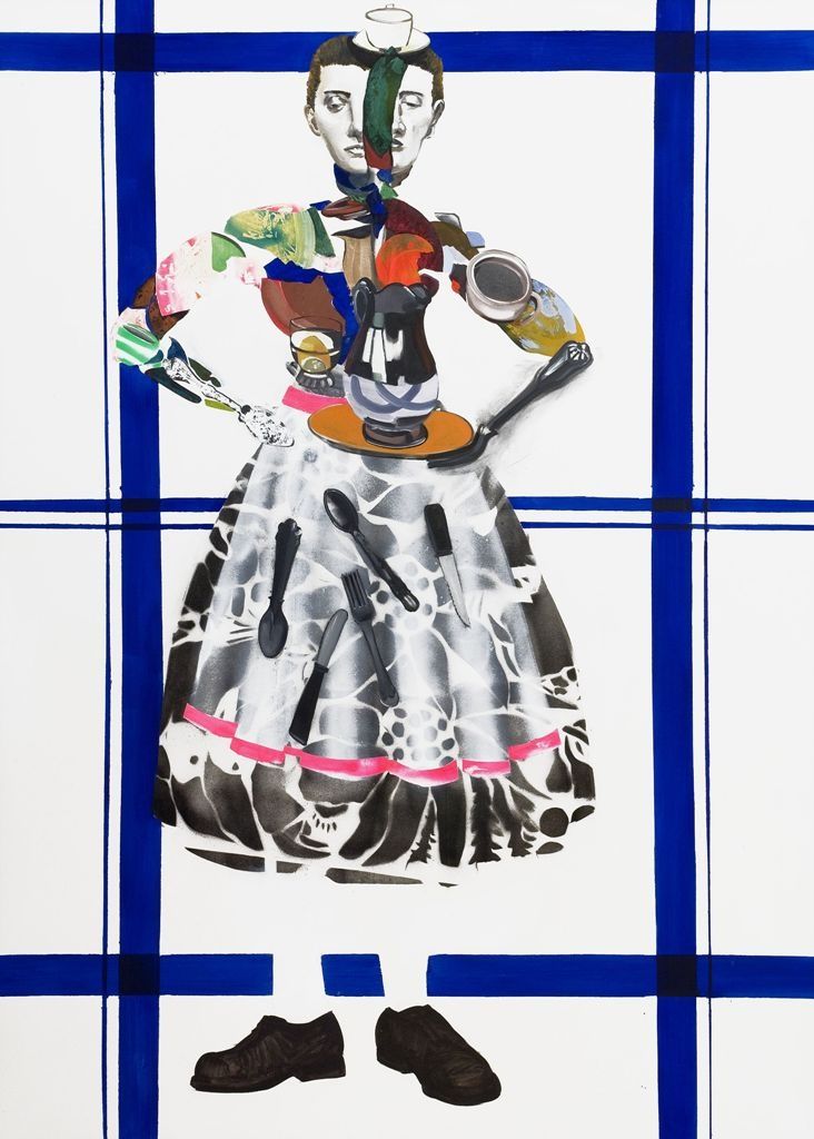 A mixed-media artwork of a woman with a collage of colorful kitchen objects forming her upper body and arms, wearing a patterned dress with utensils on it, set against a white background with bold blue grid lines.