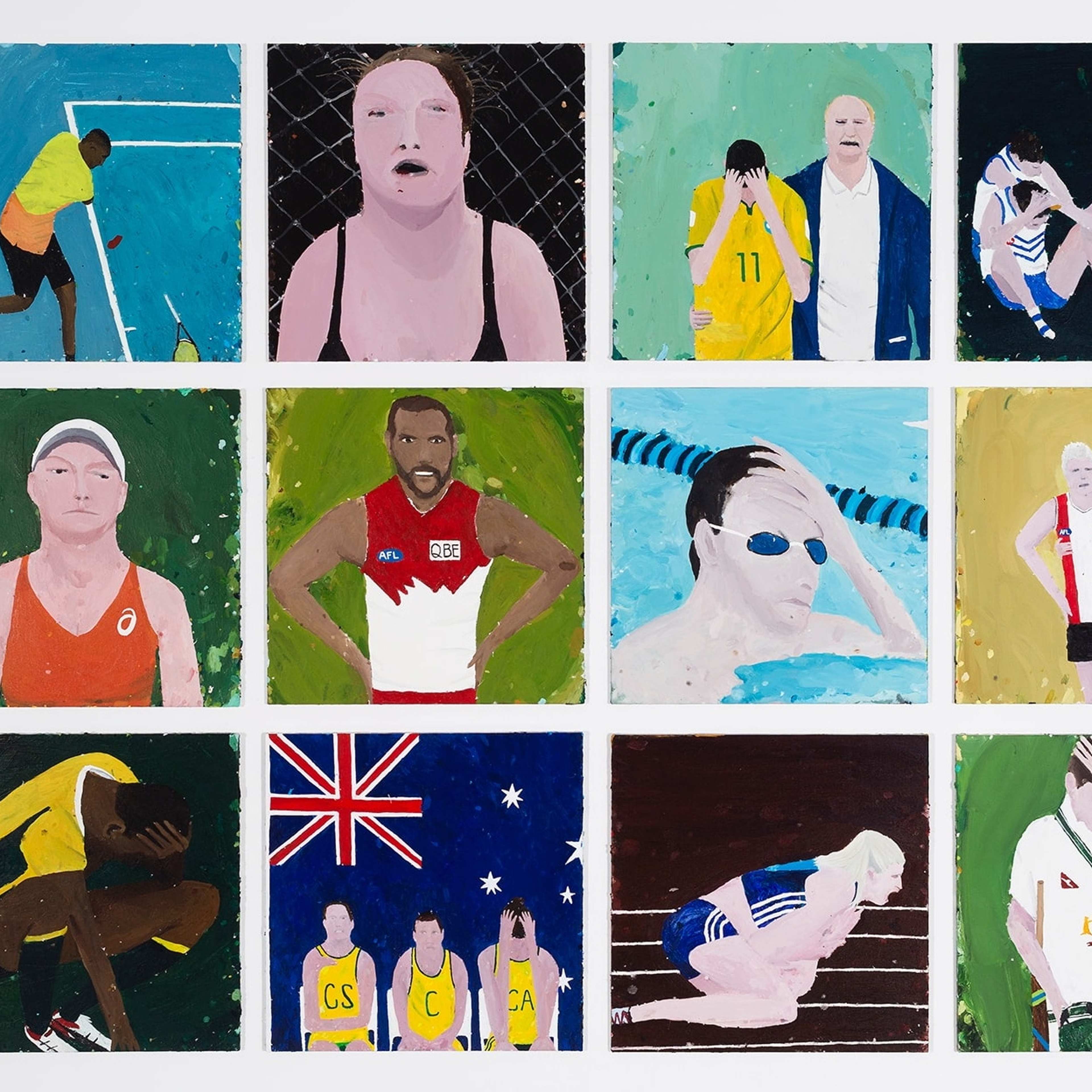 A grid of twelve paintings featuring cartoon-like depictions of professional sporting competitions