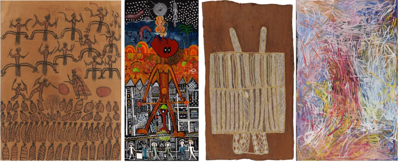 A collage of four artworks. The first has figures and patterns on a brown background. The second shows a colourful, abstract figure with a cityscape. The third features a symmetrical design on a textured brown background. The fourth is a vibrant, abstract mix of colours.