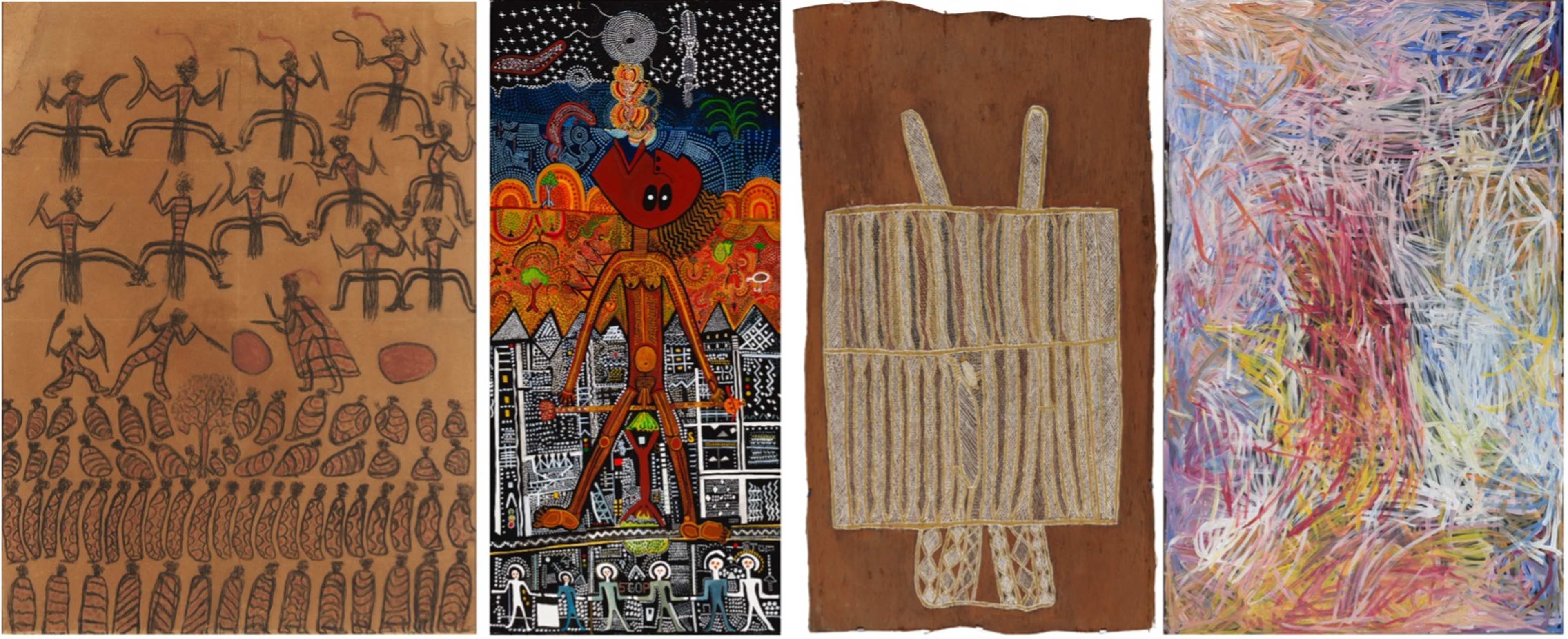 A collage of four artworks. The first has figures and patterns on a brown background. The second shows a colourful, abstract figure with a cityscape. The third features a symmetrical design on a textured brown background. The fourth is a vibrant, abstract mix of colours.