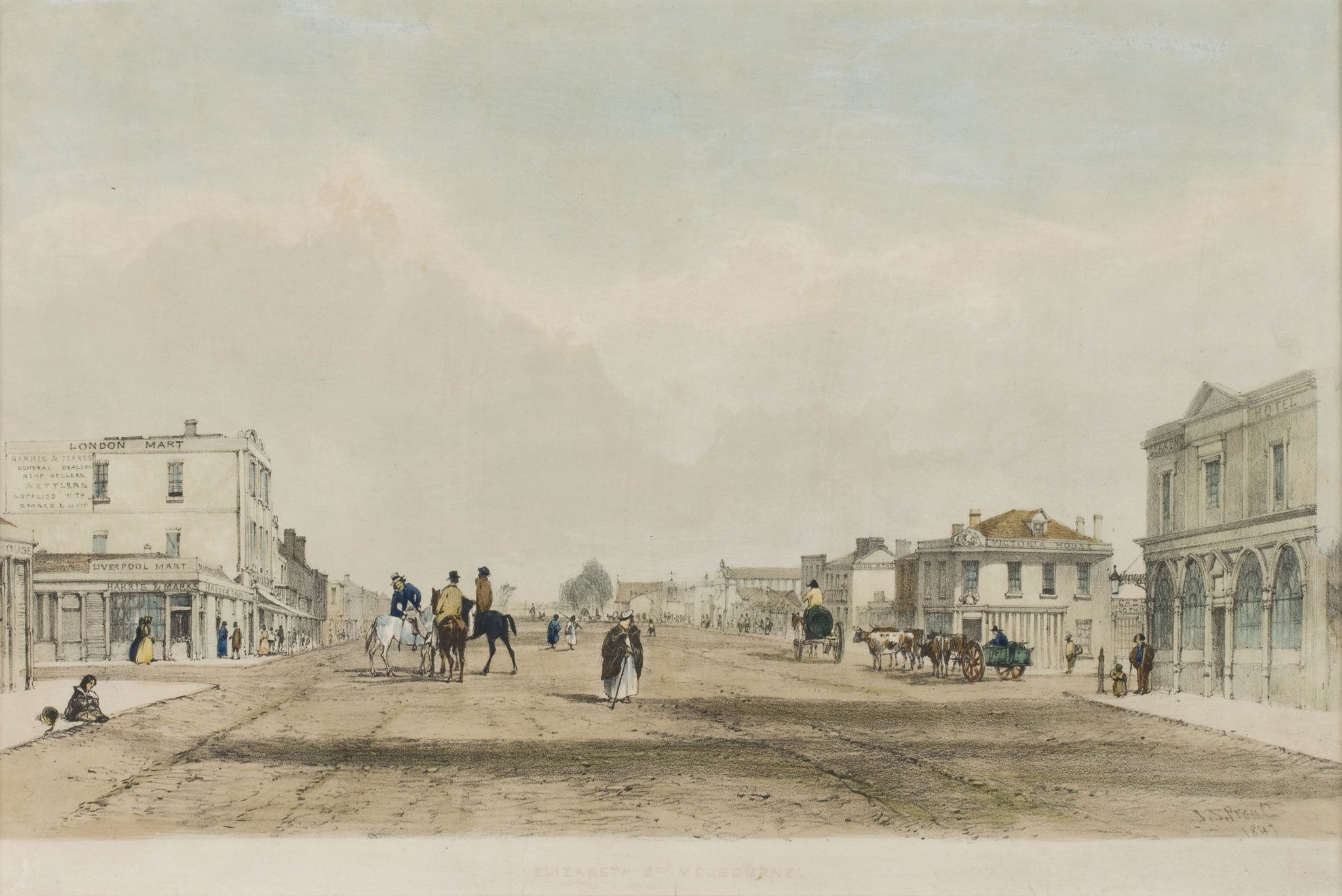A printed and coloured image of a wide unpaved street with houses on both sides and several figures and carriages