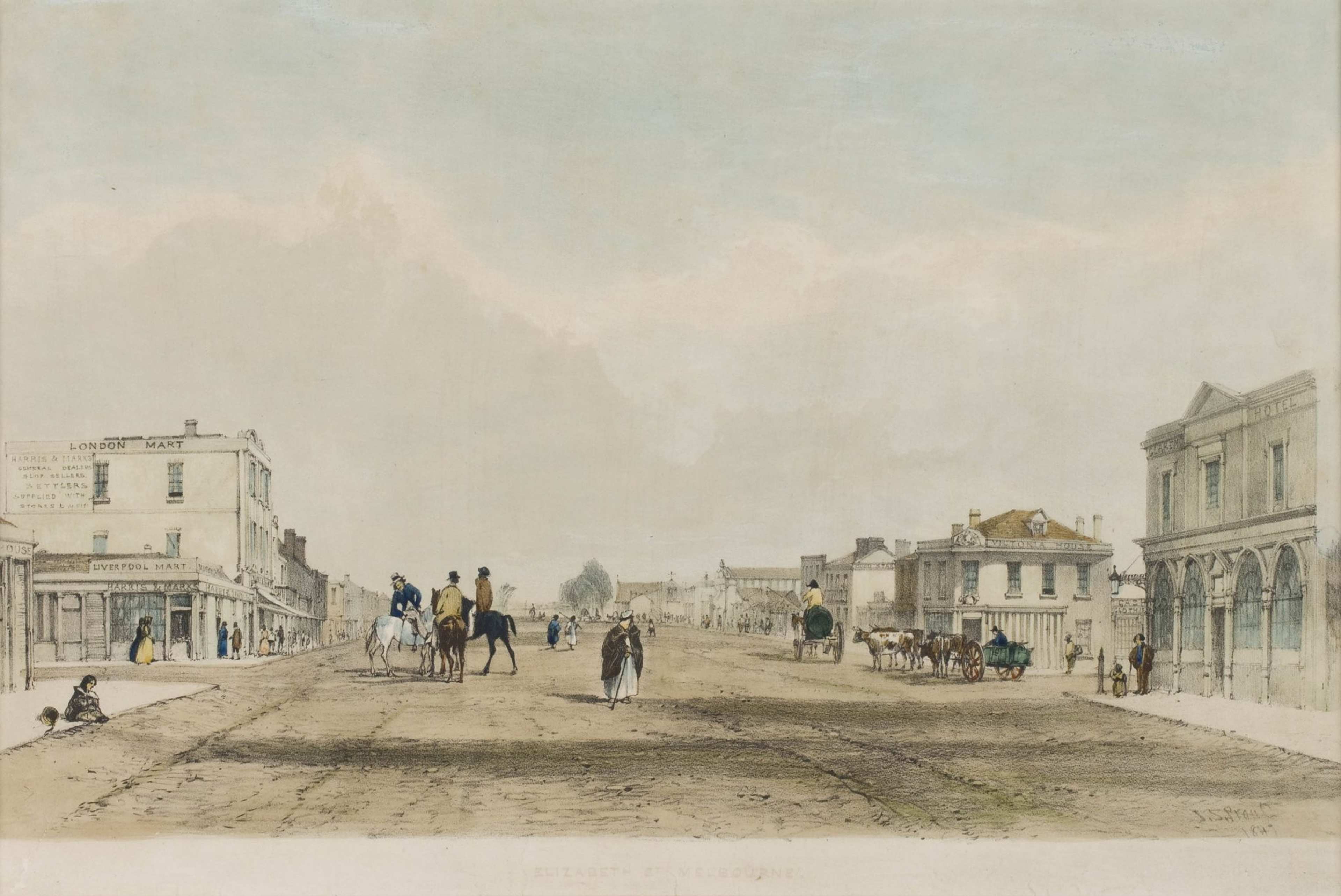 A printed and coloured image of a wide unpaved street with houses on both sides and several figures and carriages