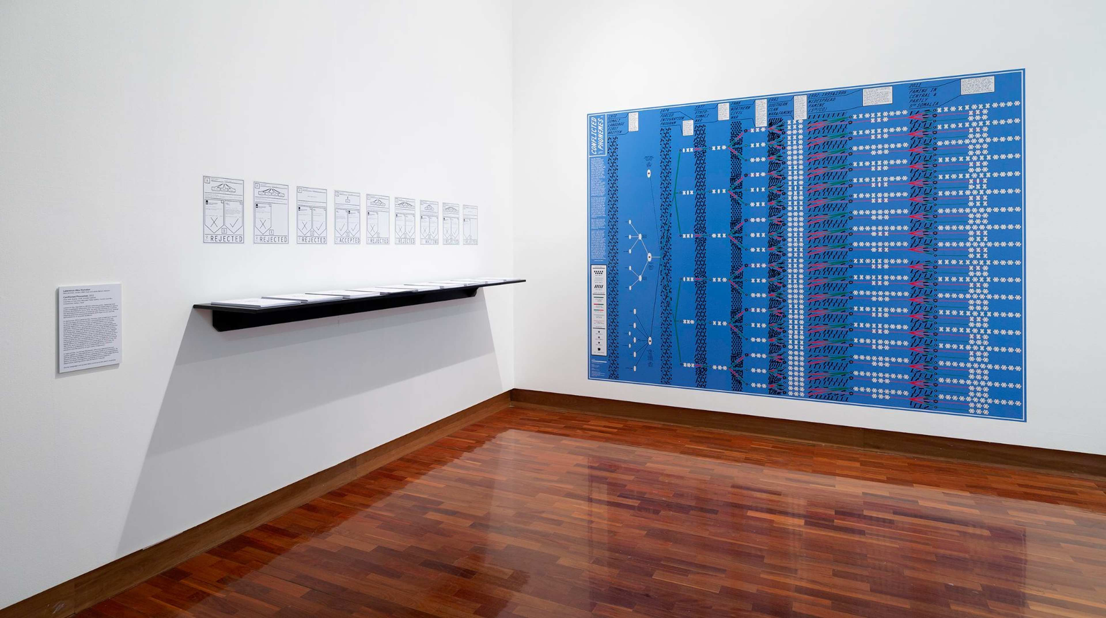 A large graph on a blue background and a collection of prints across the wall and a floating shelf displayed in a gallery space
