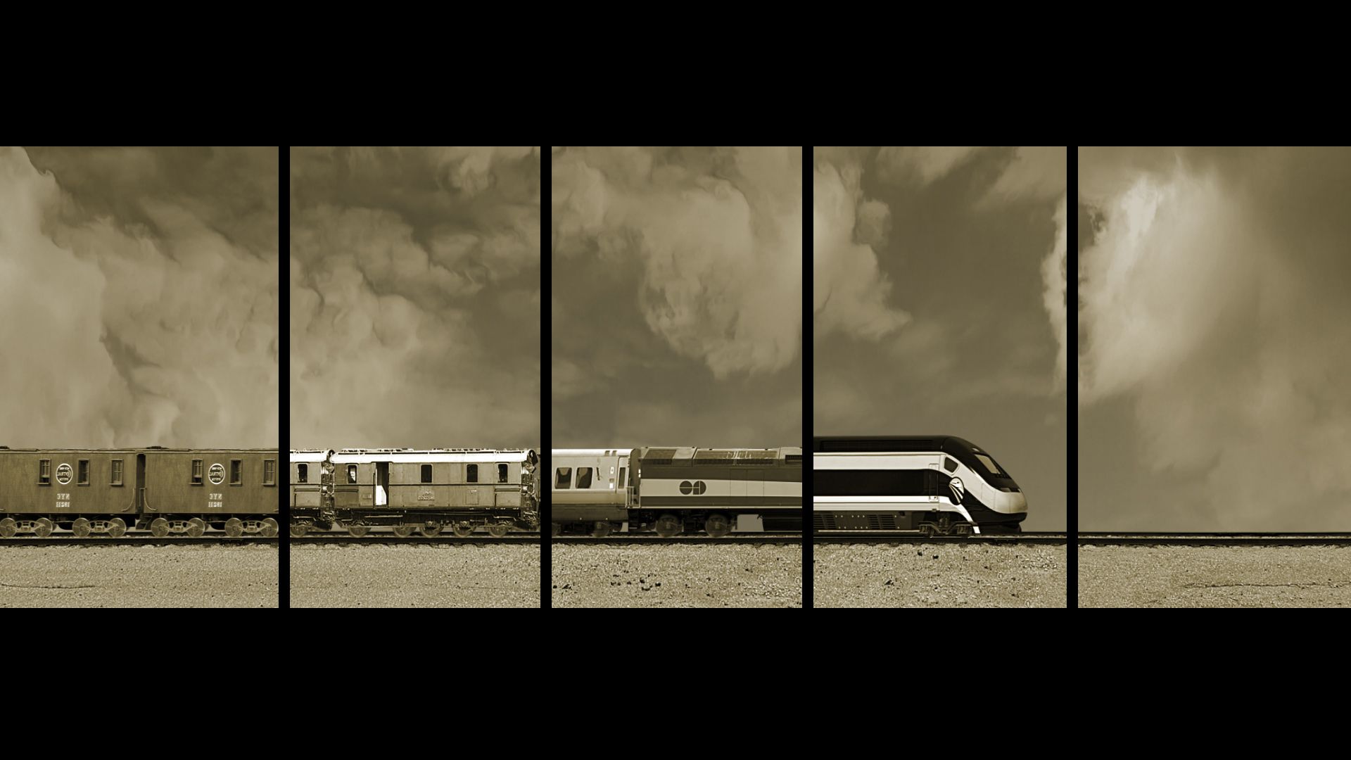 A collage of photographic images of train carriages from different eras forming a single train moving from the left side image to the right
