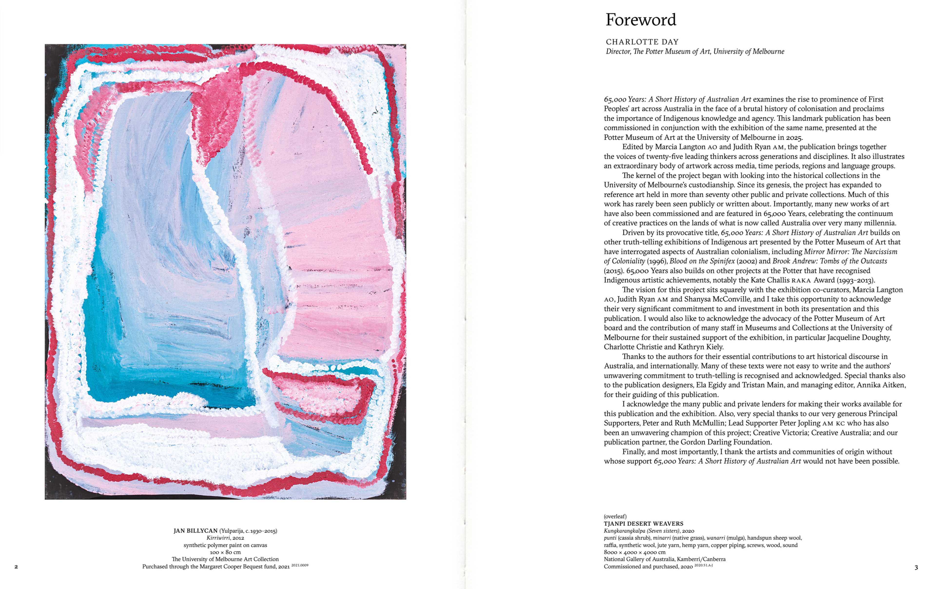 Abstract painting in pastel pink, blue, and white tones is on the left, with textured, layered brushstrokes forming organic shapes. On the right is a foreword text in black serif font on a white background.