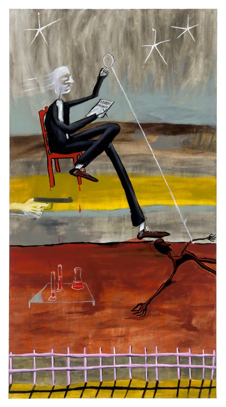 An abstract painting featuring a person in a black suit sitting on a red chair on a red, grey and yellow background.