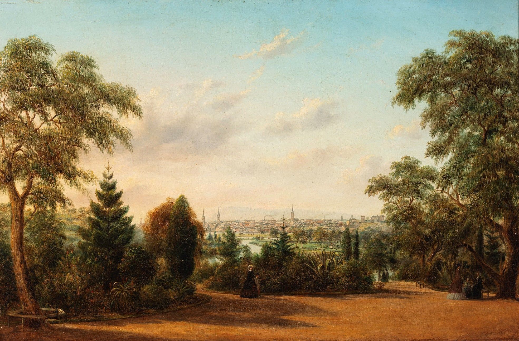 A framed painting depicts a serene landscape with large trees and greenery in the foreground. A cityscape is visible in the distance under a blue sky with clouds. A person stands on a path gazing at the view.