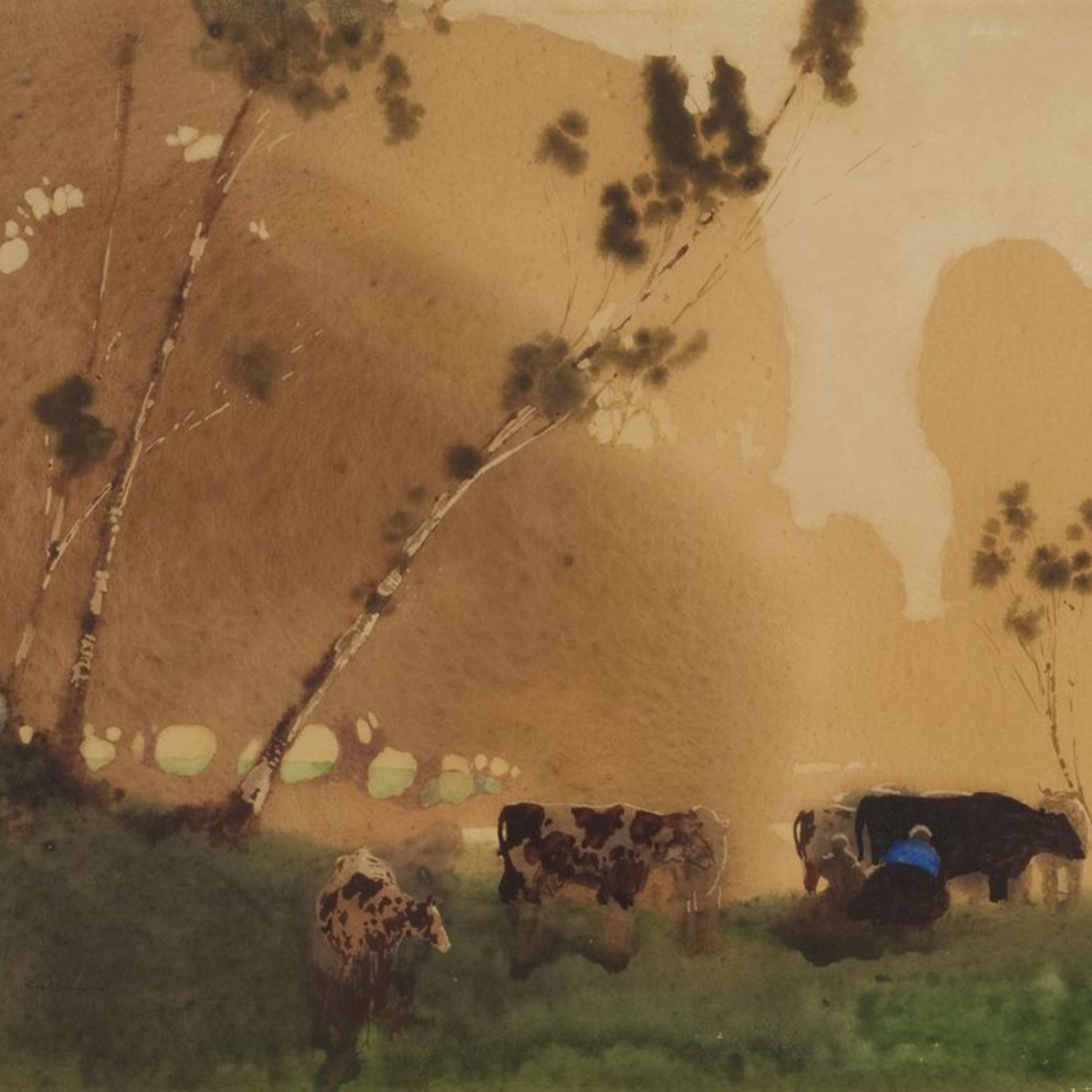 Watercolour painting of cows and two people in the pasture against a yellow sky