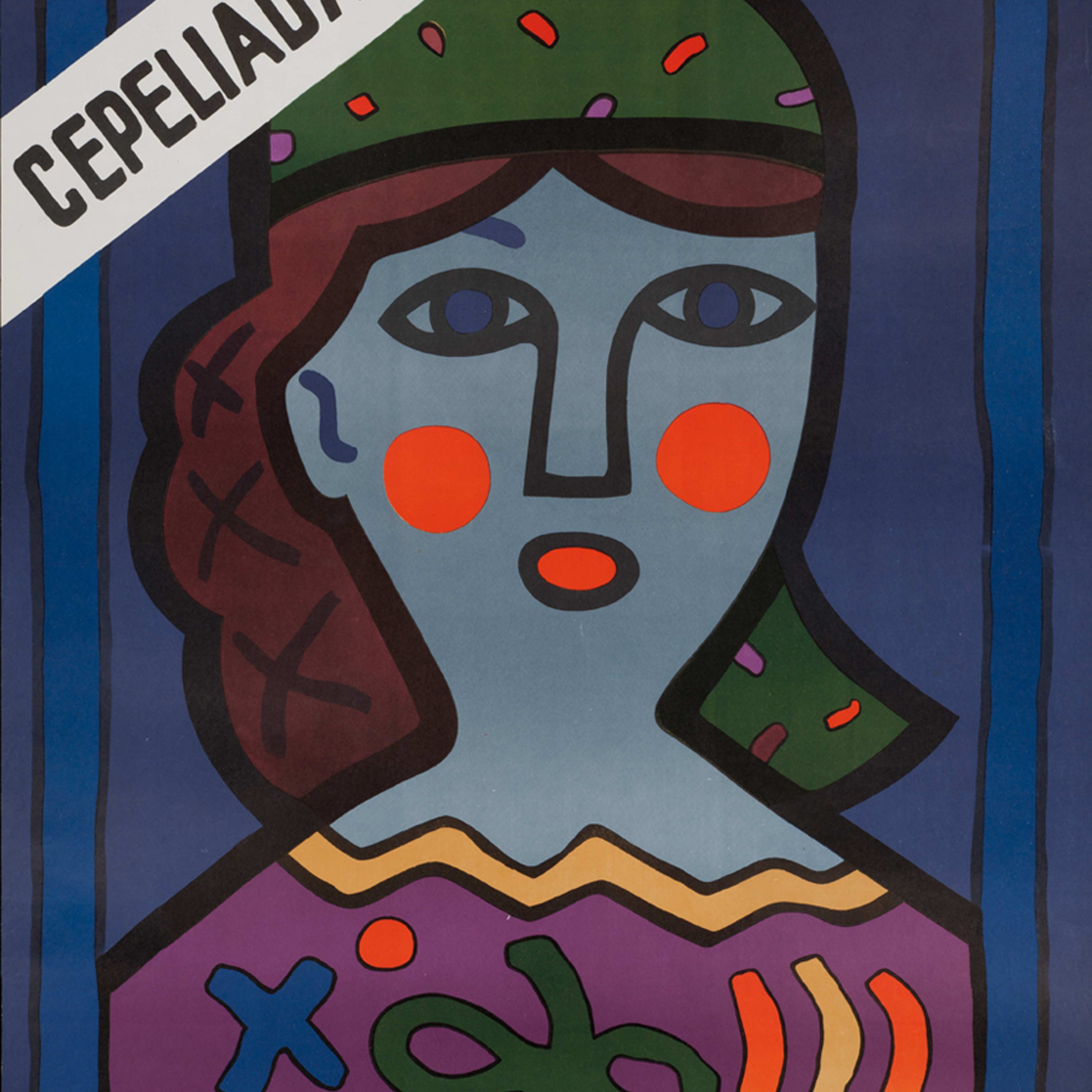 A poster featuring a drawn portrait of a person with Rosie cheeks wearing bright patterned top and a kerchief tied over their hair.