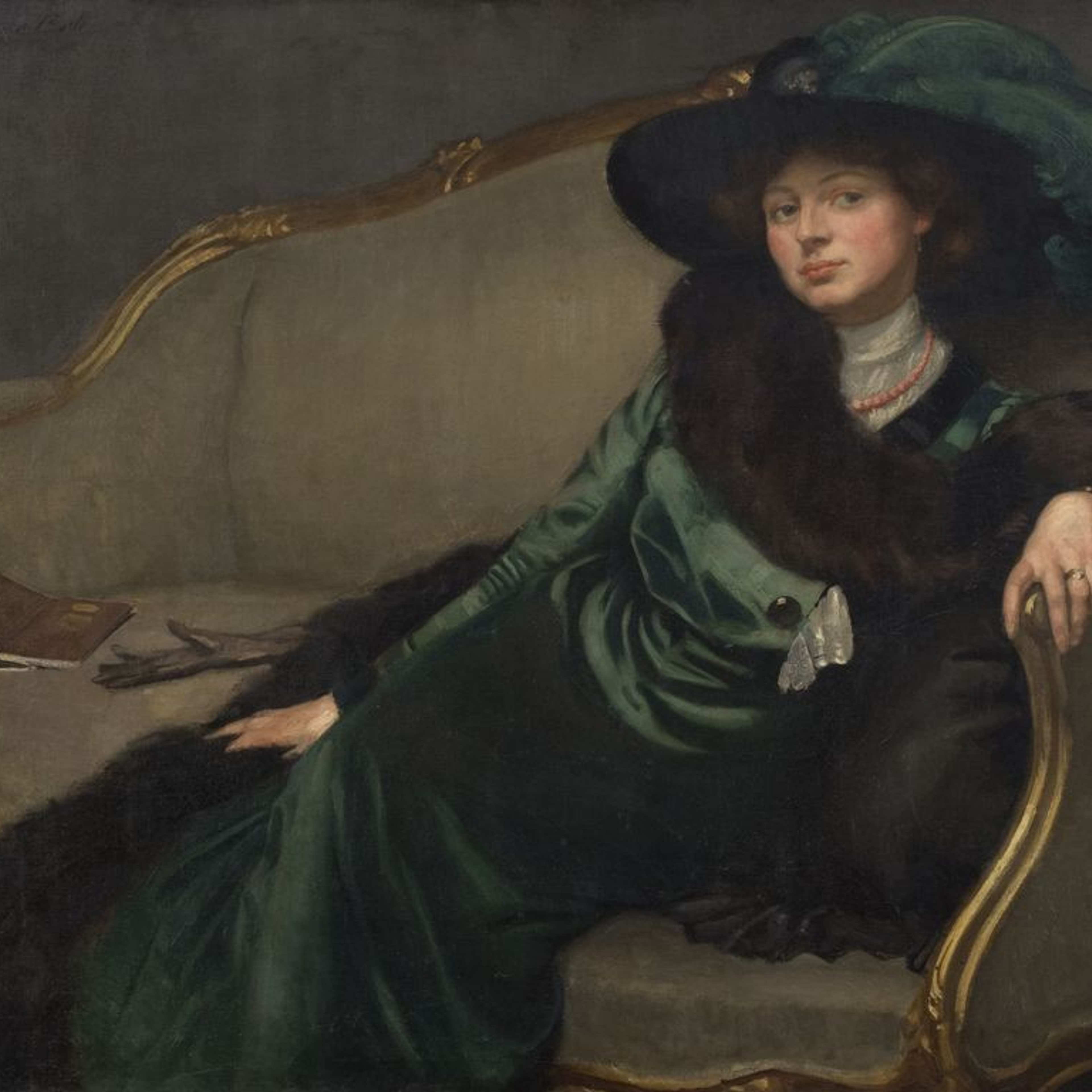 A painted portrait of a person wearing a dark-green long dress, a fur collar and a wide-brimmed hat with large feathers reclining on a green sofa