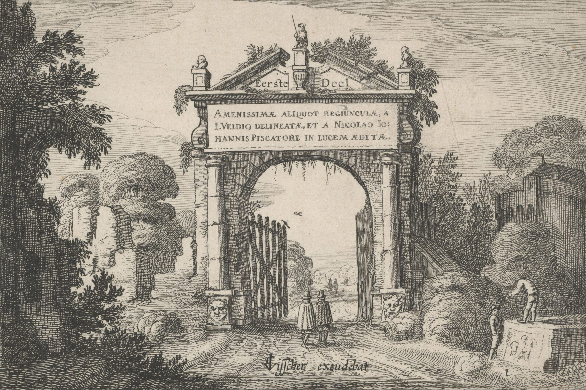 An etching of a landscape with large ancient arch with columns and a portico and wooden gates attached to its middle in the centre of the image. 