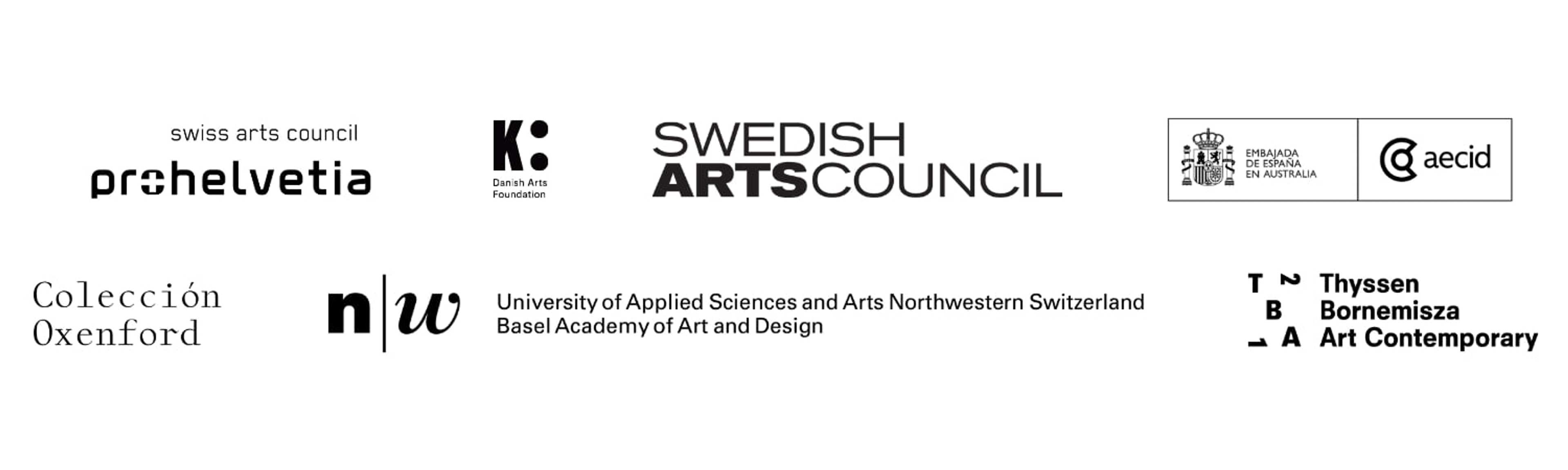 A collection of black-and-white logos and text for various arts organisations, including Pro Helvetia, Danish Arts Foundation, Swedish Arts Council, Spanish Embassy, Colección Oxenford, FHNW, and Thyssen-Bornemisza Art Contemporary.