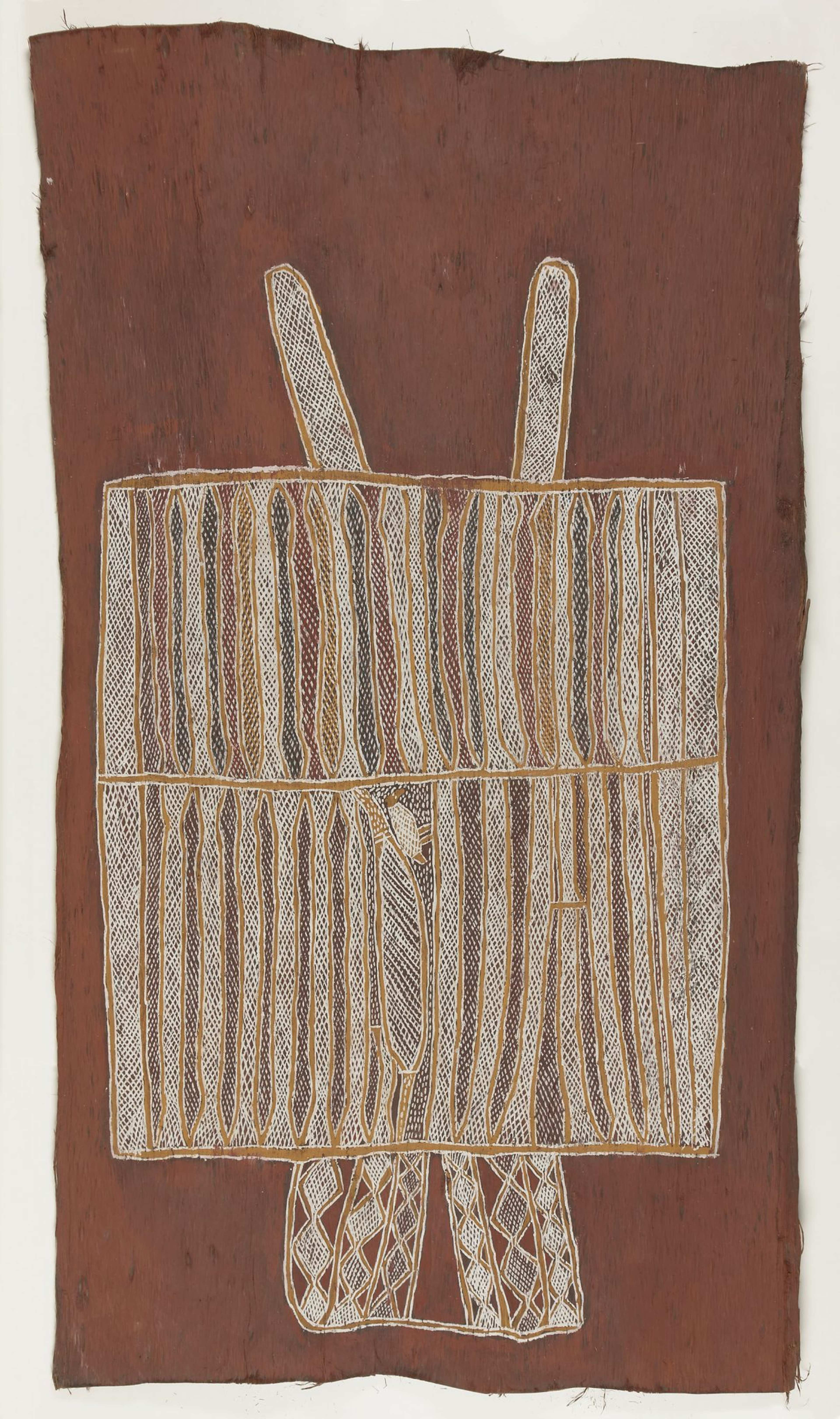 A bark painting featuring abstracted representation of landscape. Abstract artwork on a brown textured background featuring intricate patterns and shapes in white and gold. The design includes vertical and horizontal lines with crisscross and zigzag motifs.