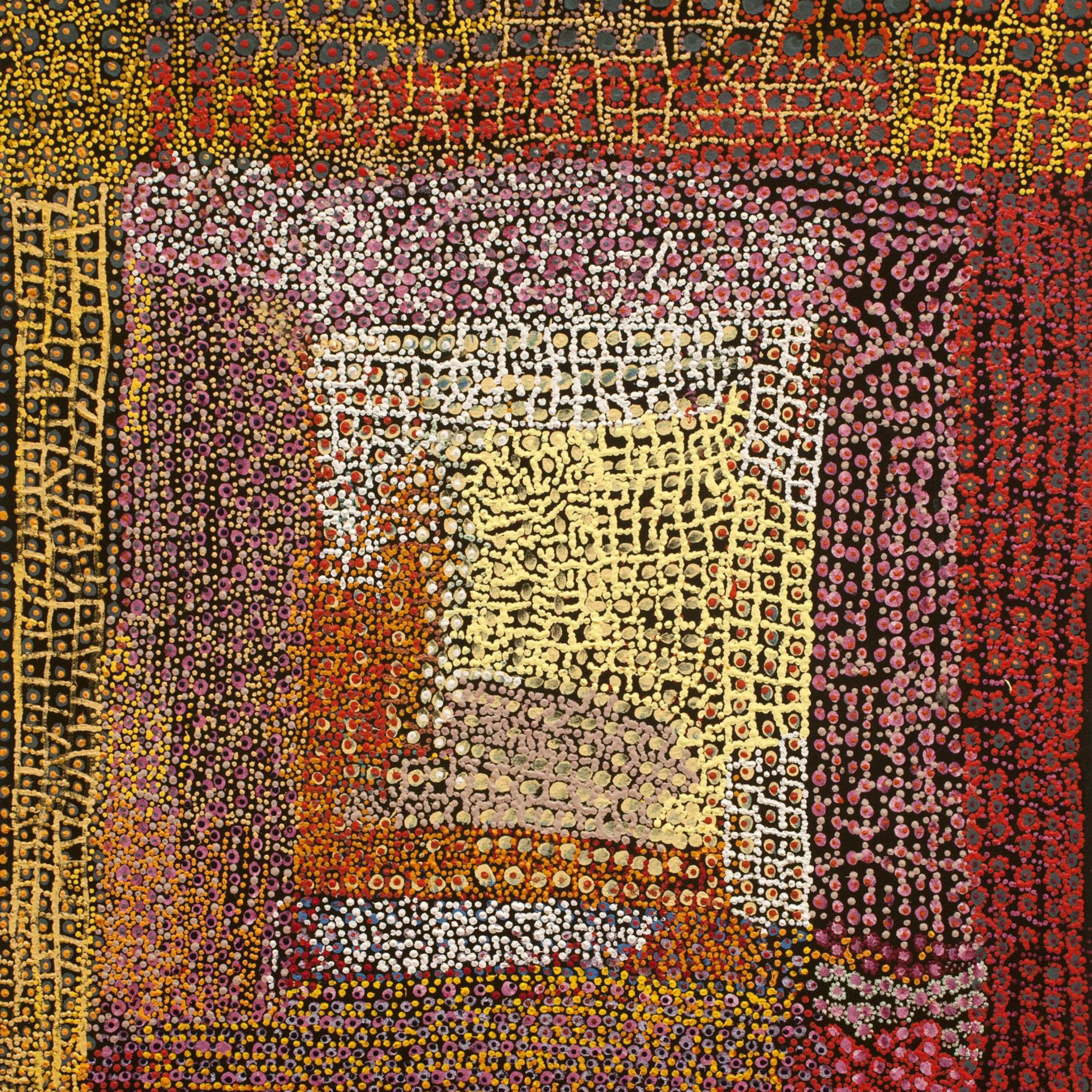 An abstract painting with pale and dark yellow, pink, orange and red dots creating patterned areas of different tone across the canvas