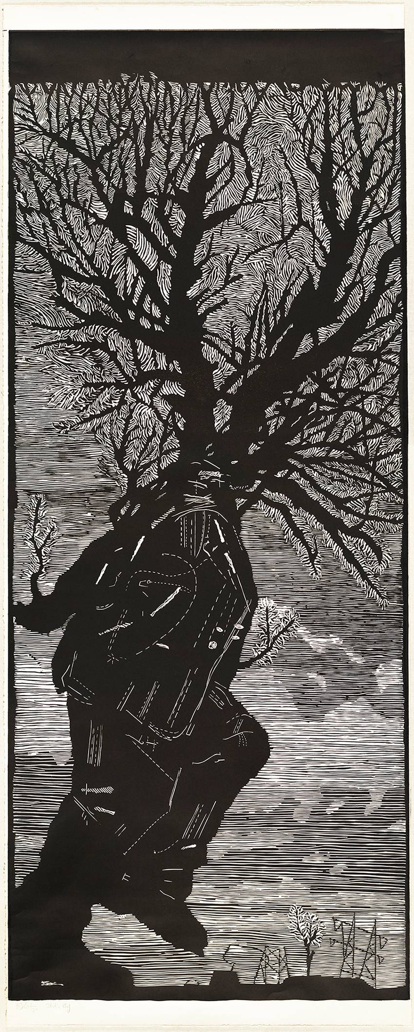 A black and white print of figure of a person with shoulders and head replaced by a tree