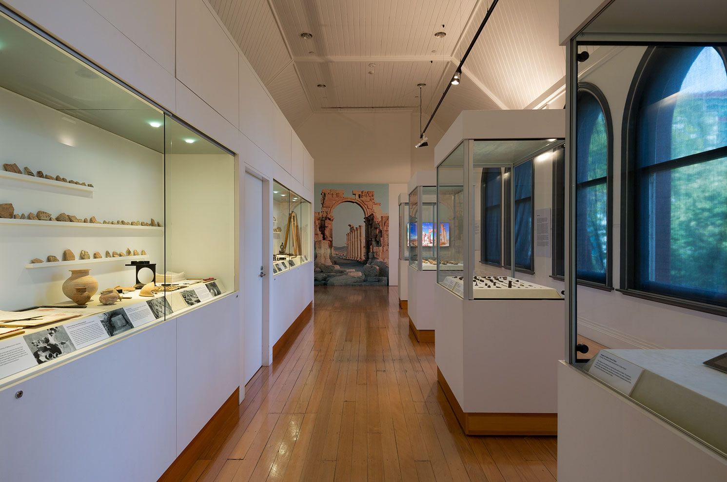 A photograph of a gallery with multiple vitrines displaying a large array of ancient ceramics and fragments