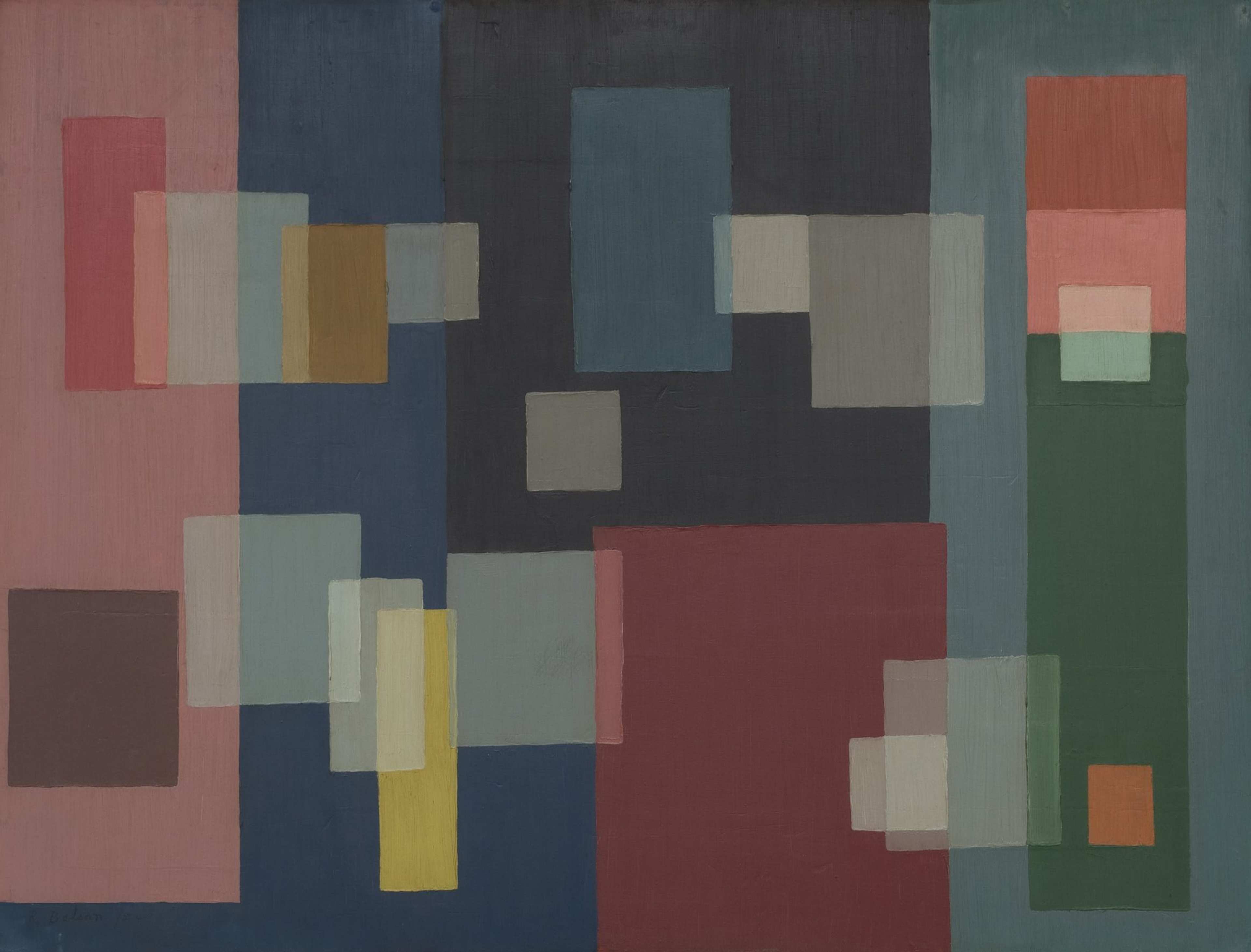 An abstract painting featuring overlapping rectangles in muted tones