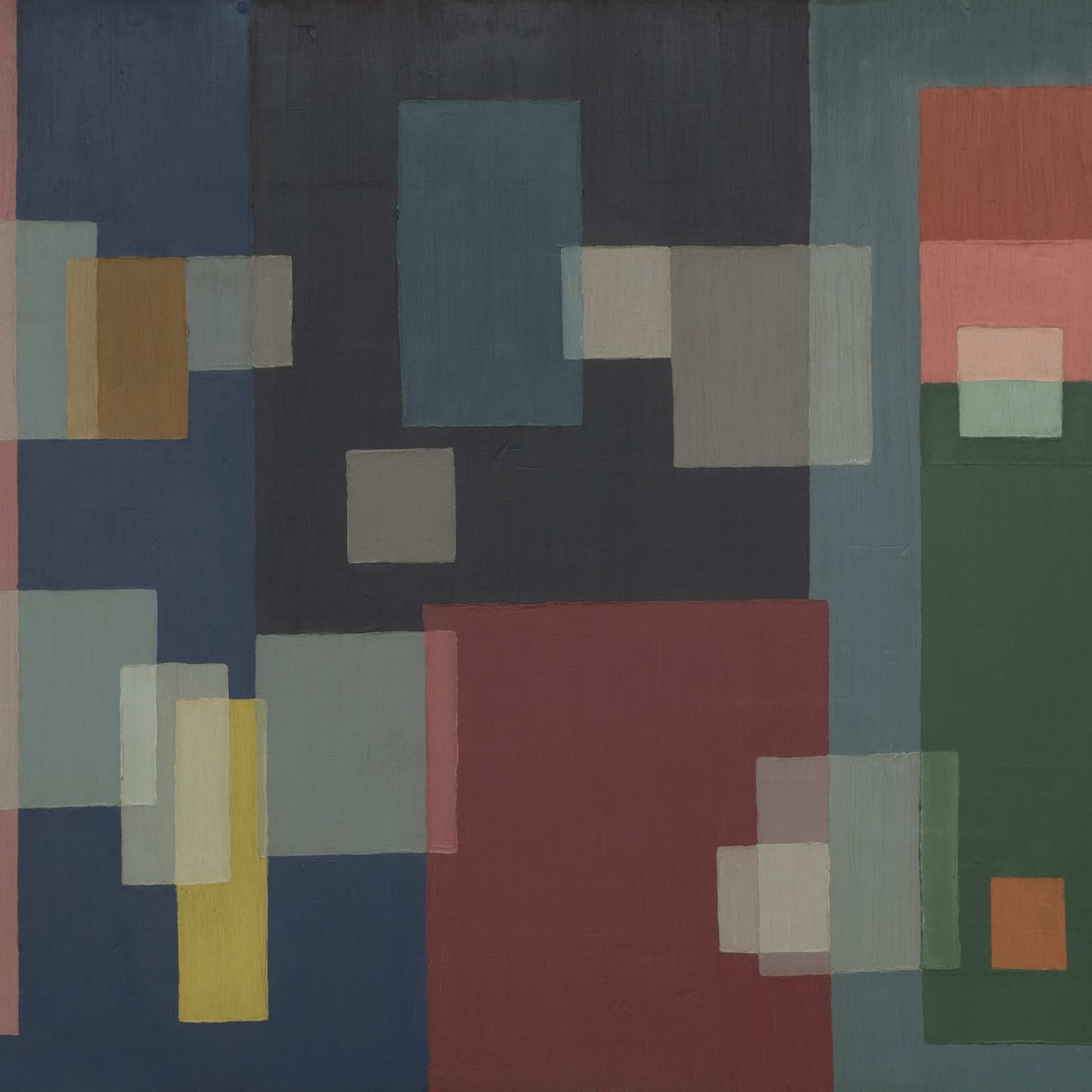 An abstract painting featuring overlapping rectangles in muted tones