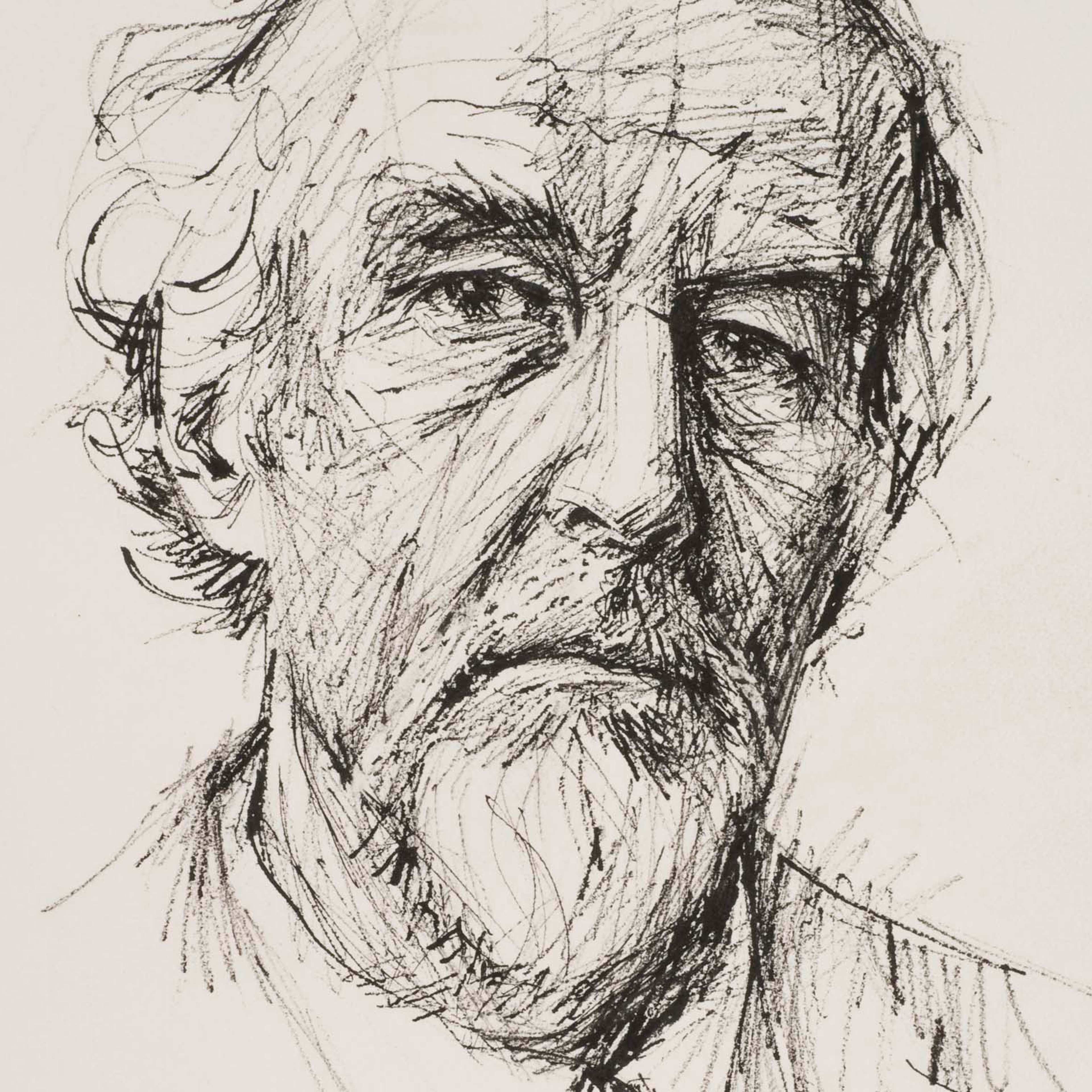 A black and white portrait of a middle-aged person with beard drawn in ink