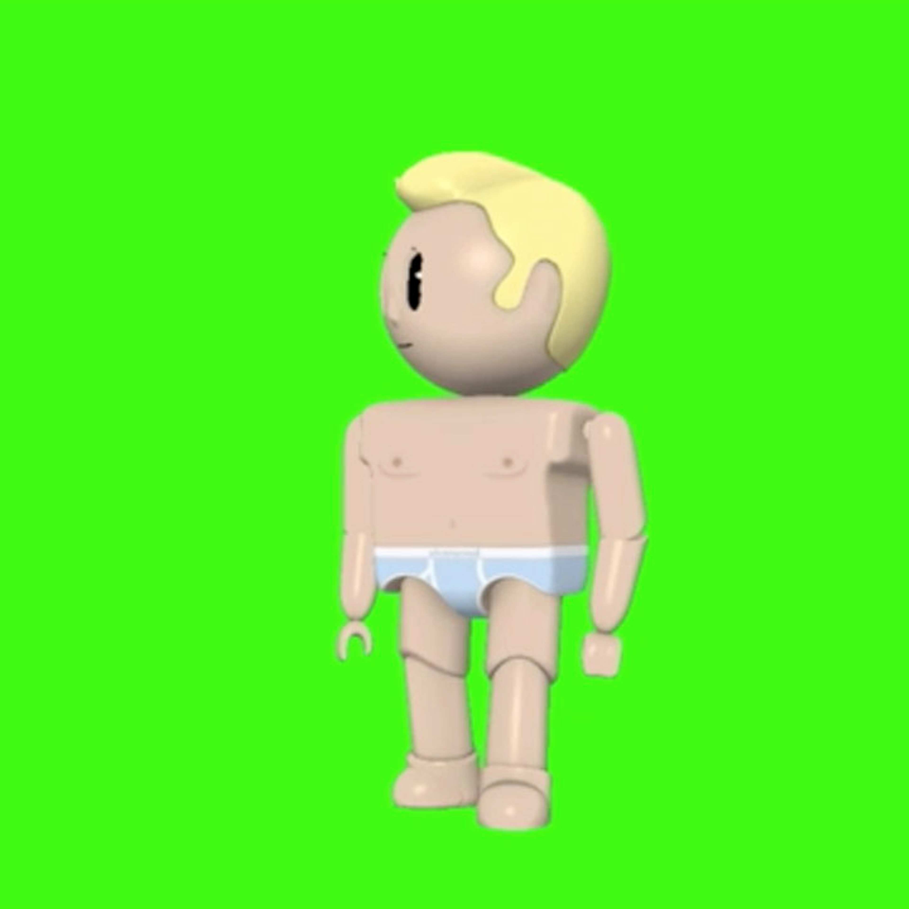 A still from an animated video featuring two lego-like figures dressed in underwear against a fluoro green background