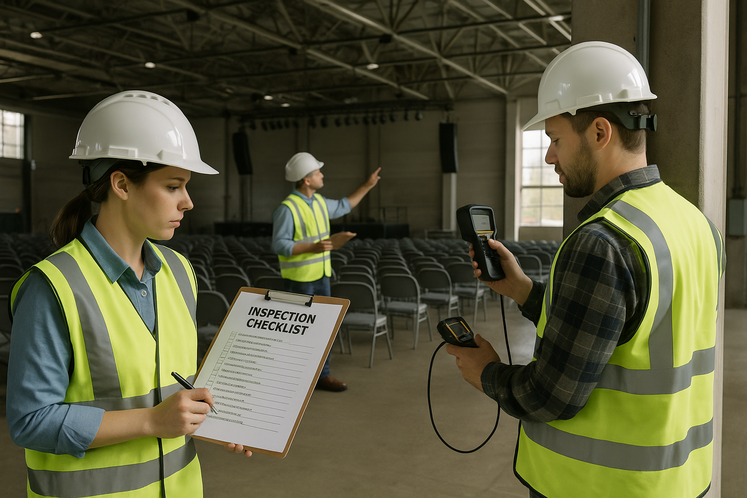 Comprehensive venue safety audit with certified inspectors examining facility infrastructure