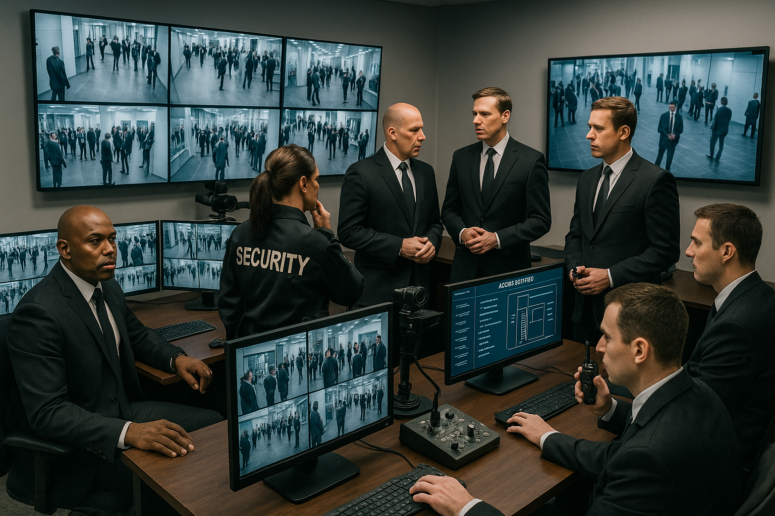 Security coordination center with professional team managing high-profile event security operations