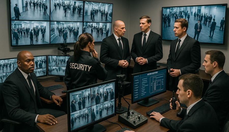 Security coordination center with professional team managing high-profile event security operations