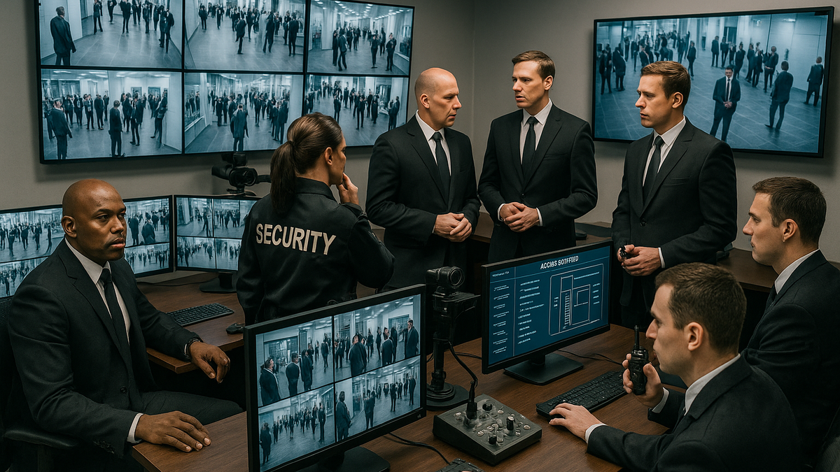 Security coordination center with professional team managing high-profile event security operations