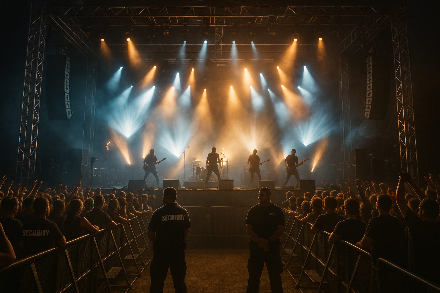Professional music festival stage with safety barriers and security personnel managing crowd